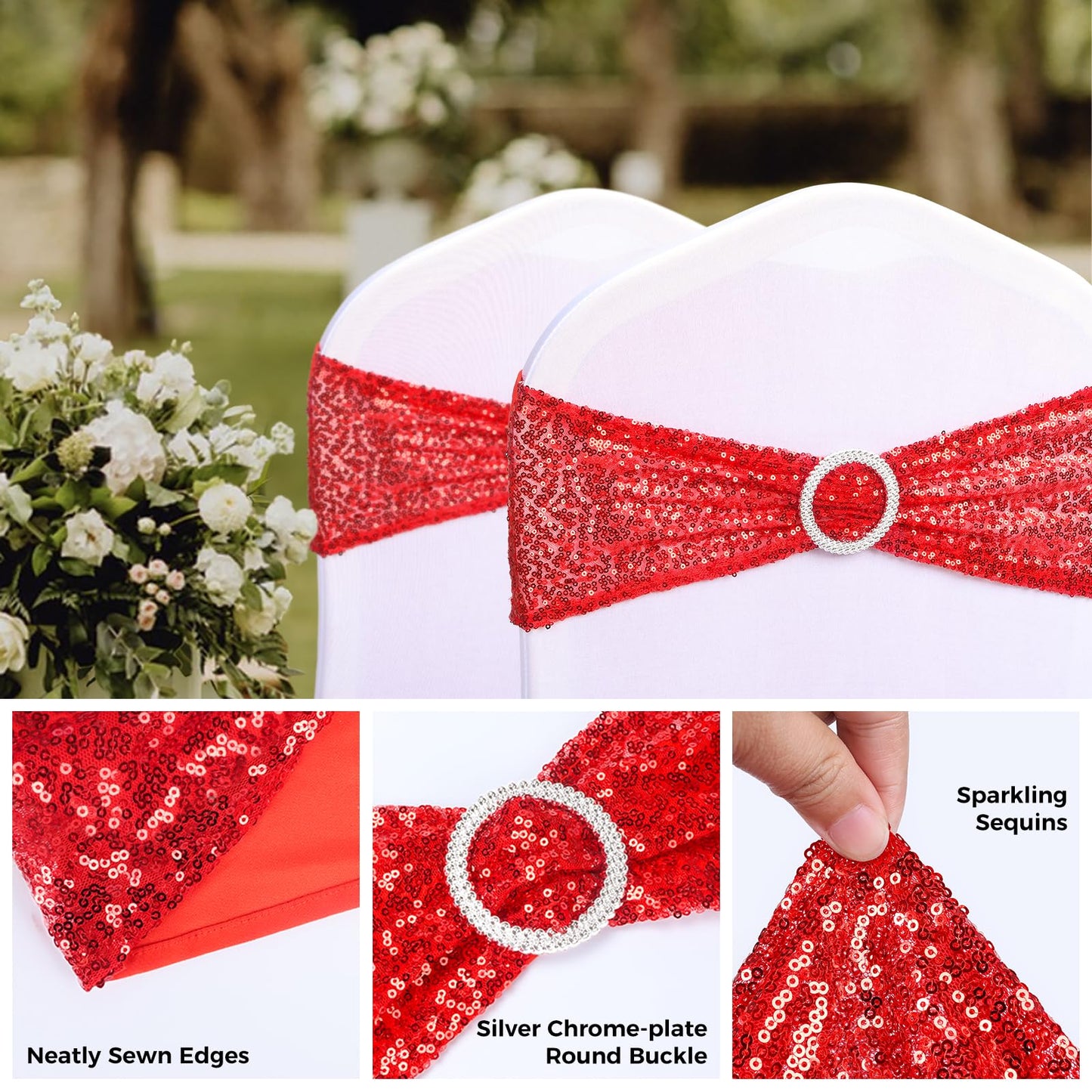 Babenest 10pcs Sequin Chair Sashes with Buckle Slider, One-Sided Sequins Stretchy Spandex Bands, Glitter Elastic Chair Ties for Wedding Party Ceremony Banquet Decorations (Red)