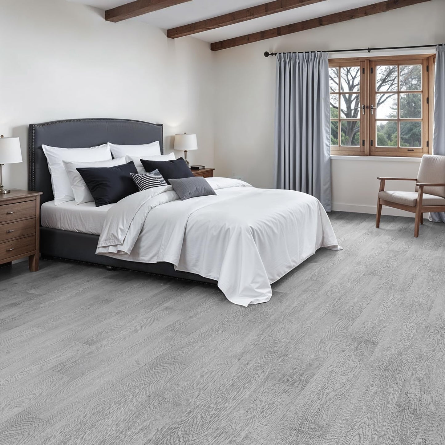 Peel and Stick Floor Tile, INMOZATA Self Adhesive Vinyl Plank Flooring Tile Wood Grain Look 36-Pack 54 Sq.Ft Waterproof Tile Sticker for Bedroom, Living Room, Kitchen, RV(Light Gray)