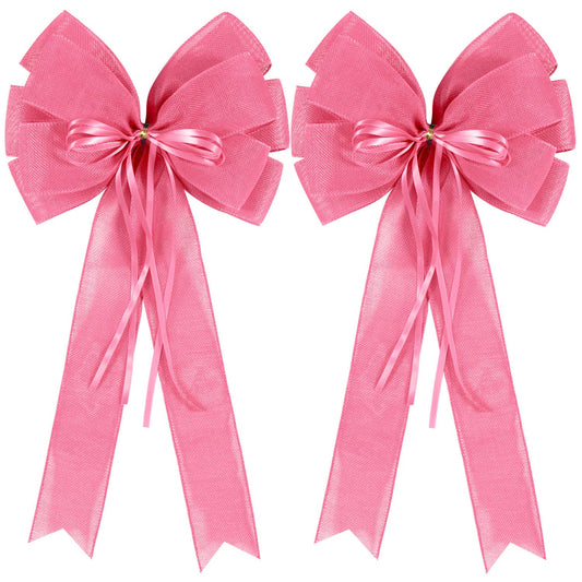 2 Pcs Large Pink Christmas Wreath Bows Decor,Xmas Tree Topper Bow Decorations with Pink Burlap and Glitter String for Christmas Holiday Home Front Door Outdoor