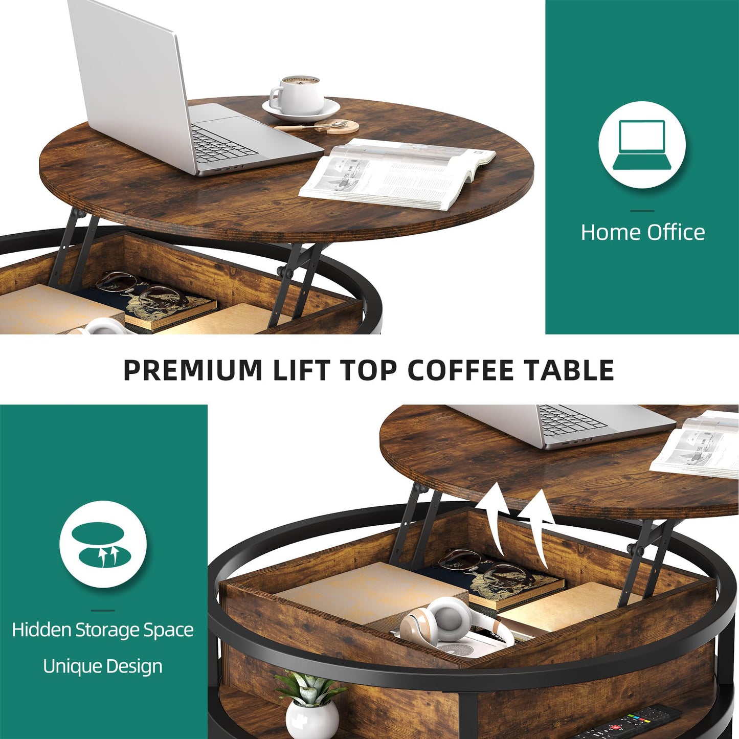 YITAHOME Round Lift Top Coffee Table with Storage, Brown Farmhouse Coffee Tables for Living Room Modern Coffee Table with Hidden Storage Compartment, Round Center Tables Living Room Home Office, Brown