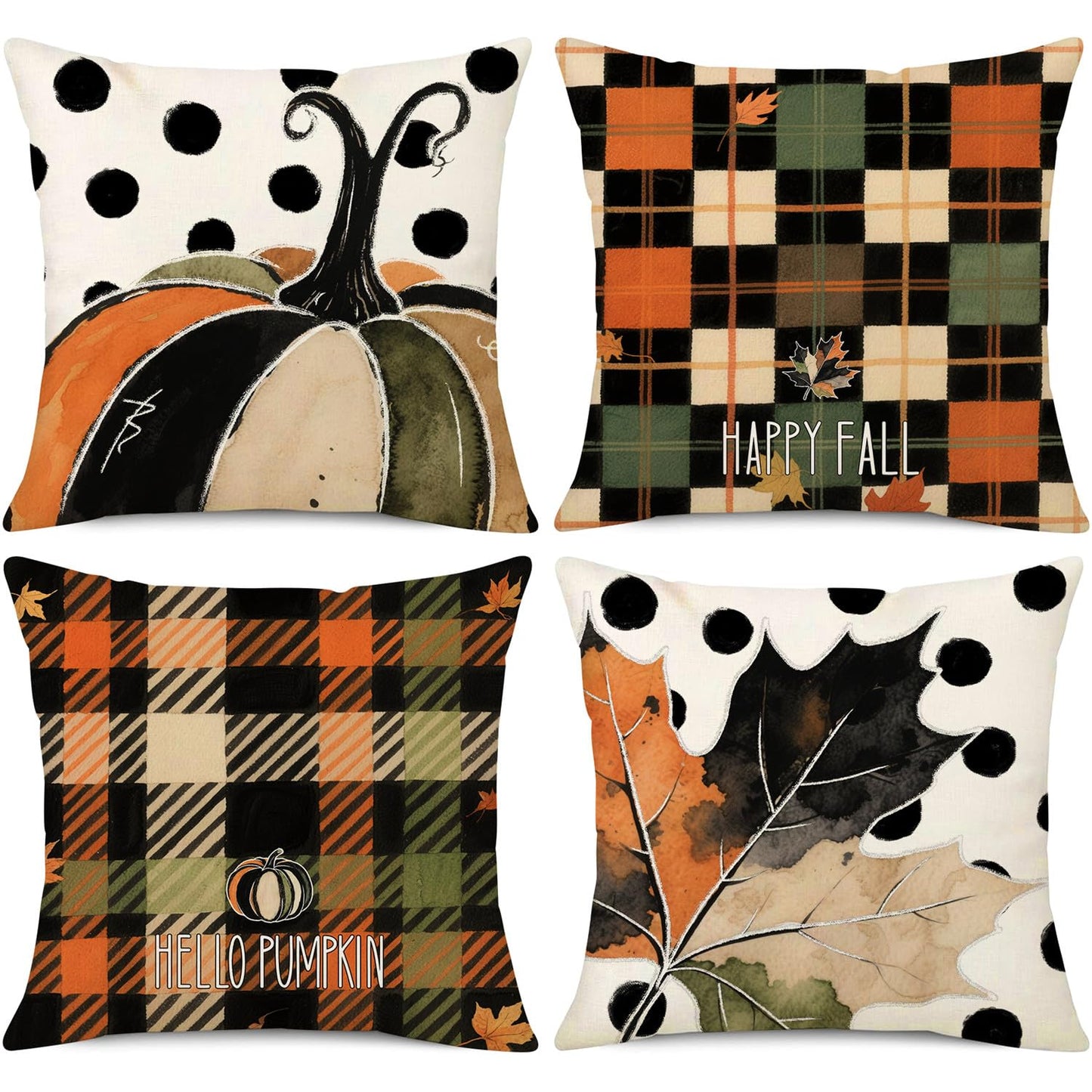 NIGHTWISH Fall Pillow Covers 18x18 Set of 4 Thanksgiving Farmhouse Decorations Polka Dots Pumpkin Maple Leaf Outdoor Fall Decor Throw Pillow Covers Checkered Harvest Autumn Cushion Case for Sofa Couch