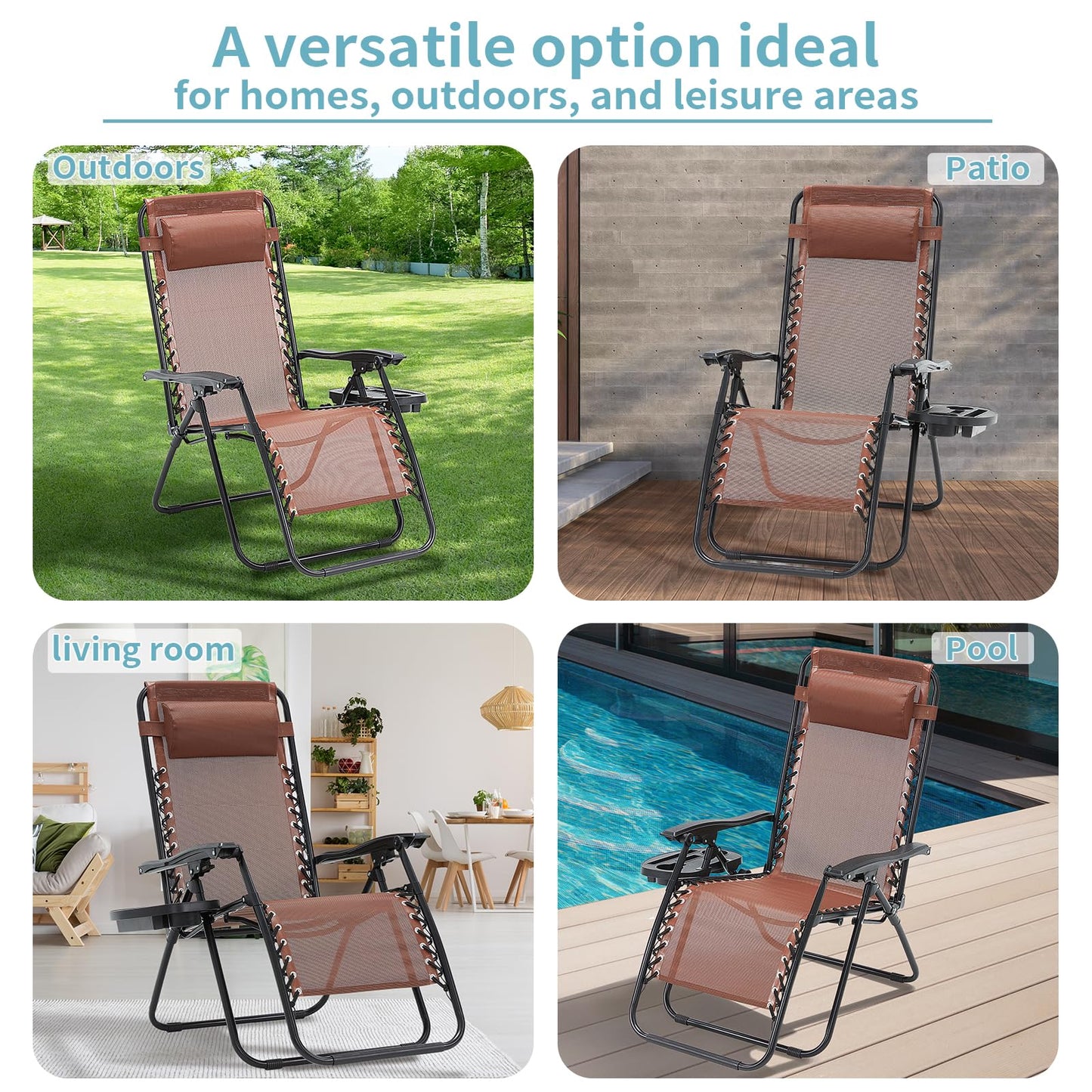 RICHRYCE Zero Gravity Chair Set of 2, 350 lbs Capacity, Reclining Folding Outdoor Chairs with Adjustable Headrest & Cup Holder, Anti - Gravity Loungers for Backyard, Patio, Lawn, Poolside (Brown)