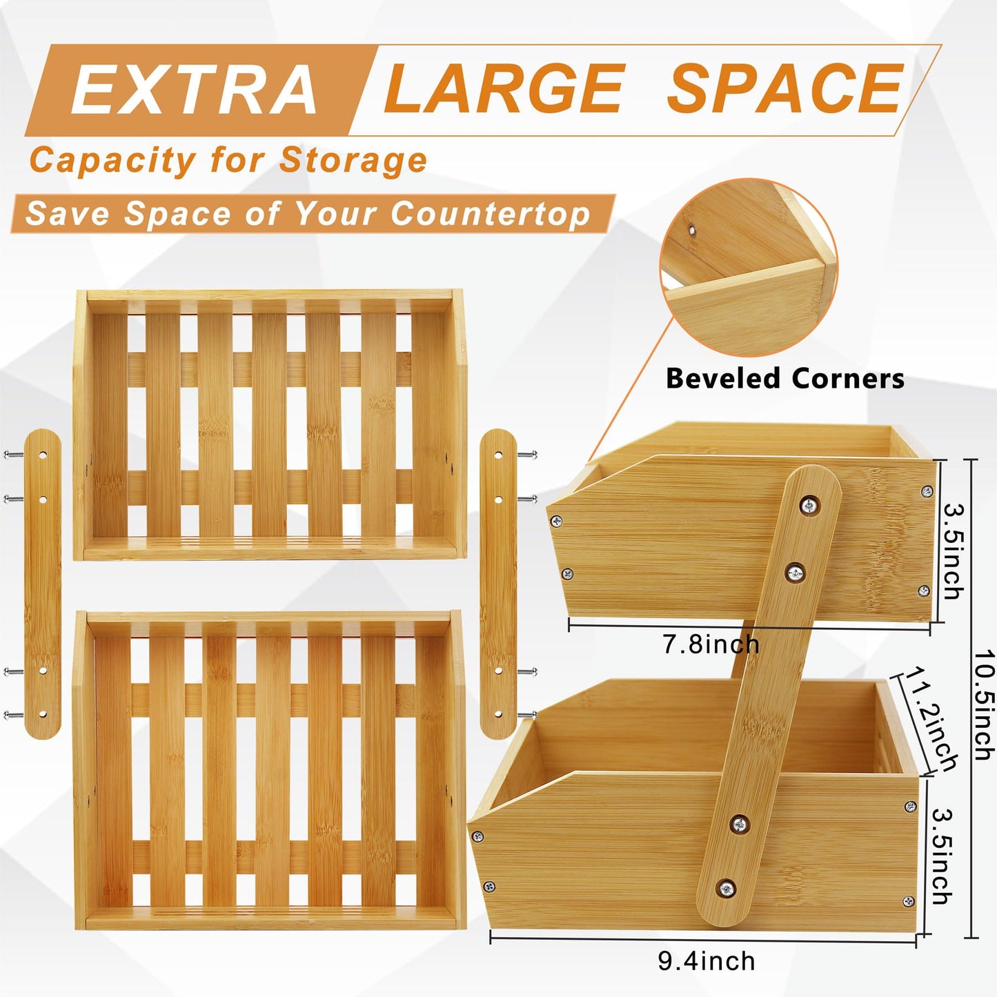 mobzio Fruit Basket Stand, 2 Tier Fruit Basket for Kitchen Counter, Produce Basket for Fruit and Vegetable Storage, Bamboo Basket Fruit Bowl Display Rack, Fruit Holder Snack Organizer