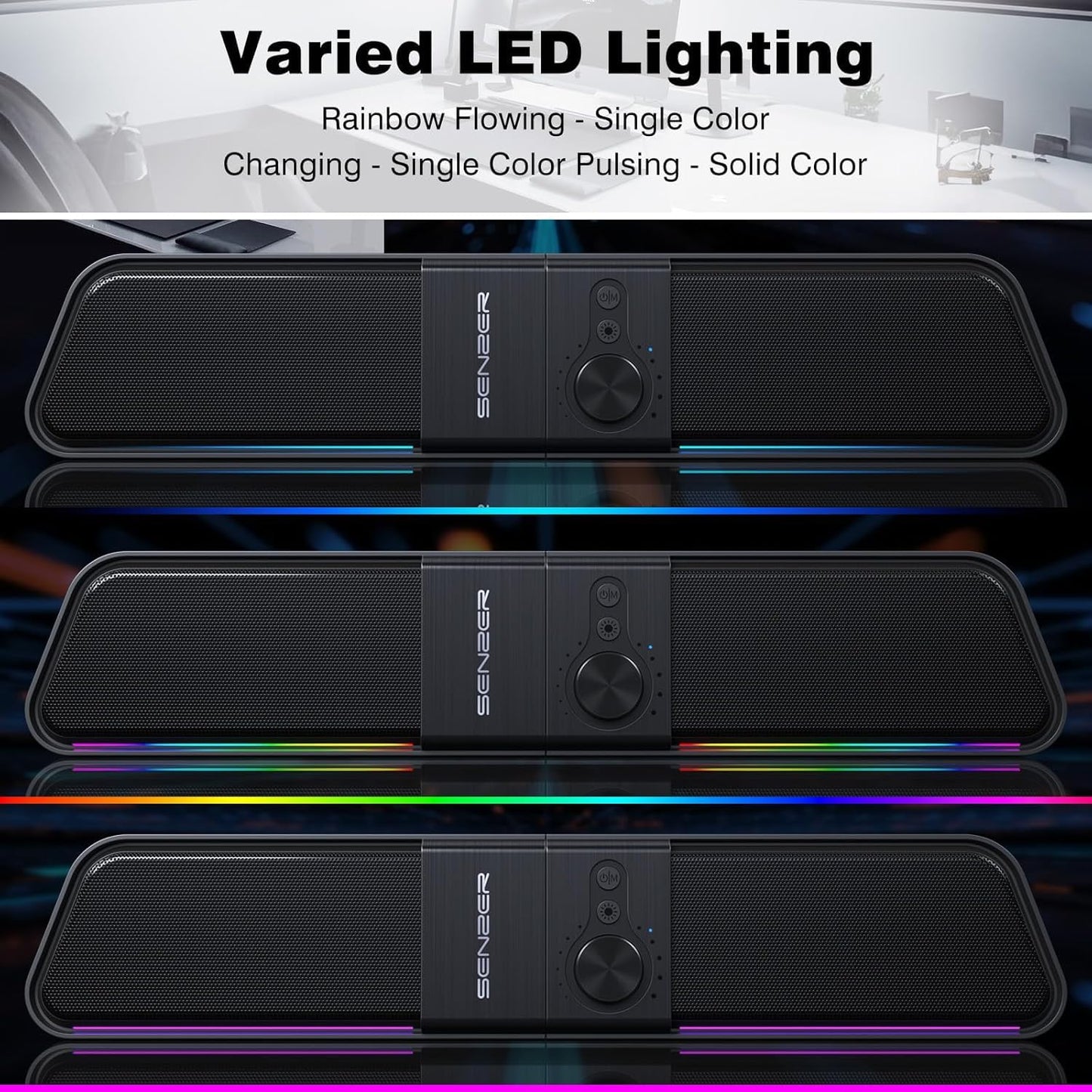 SENZER CS20 2 in 1 Bluetooth Computer Speakers for Desktop, USB Plug & Play Clear Sound PC Speakers with RGB Light, Monitor Sound Bar with Volume Knob, Gaming Speaker for PC Laptop Phone Tablet