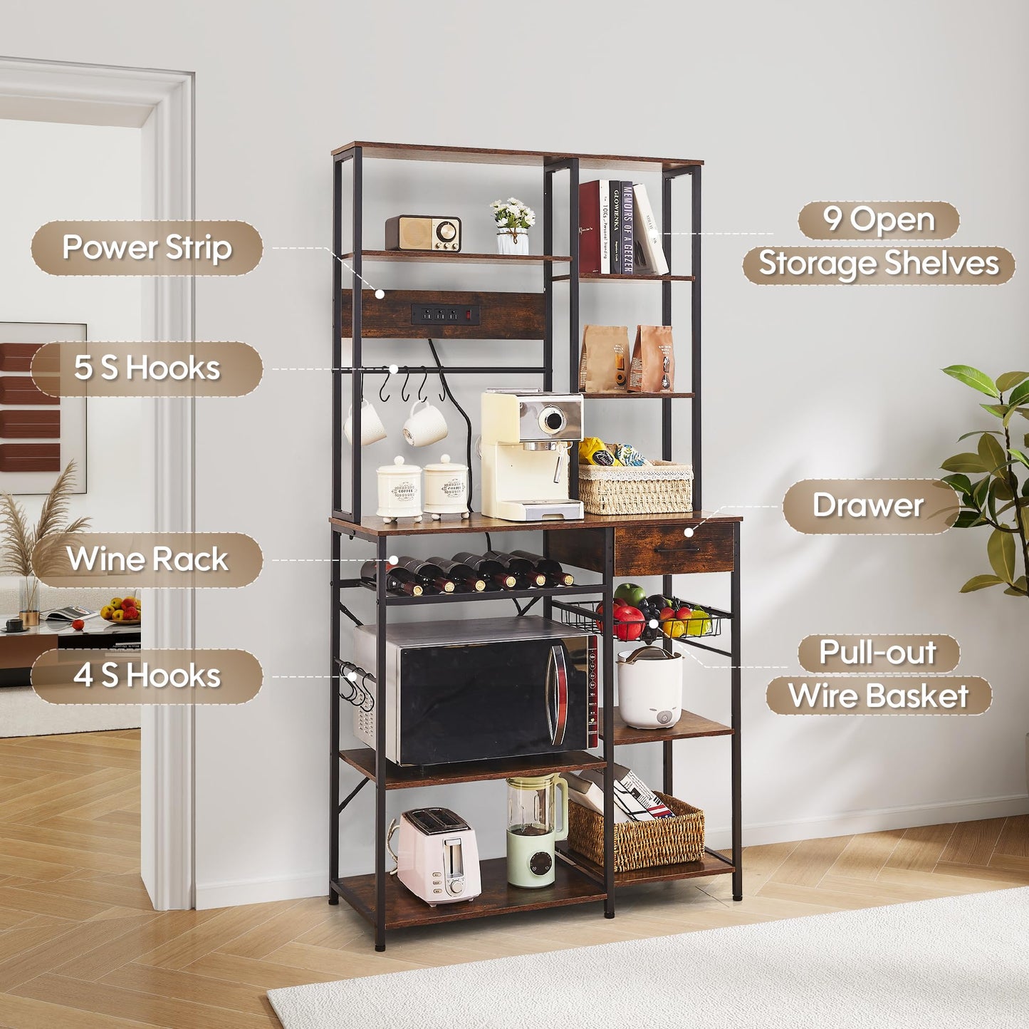 Large Bakers Rack with Power Outlets, 37.1 Kitchen Bakers Rack with Storage, 5-Tier Microwave Stand Kitchen Storage Rack with 9 S-Shaped Hooks and Wire Basket