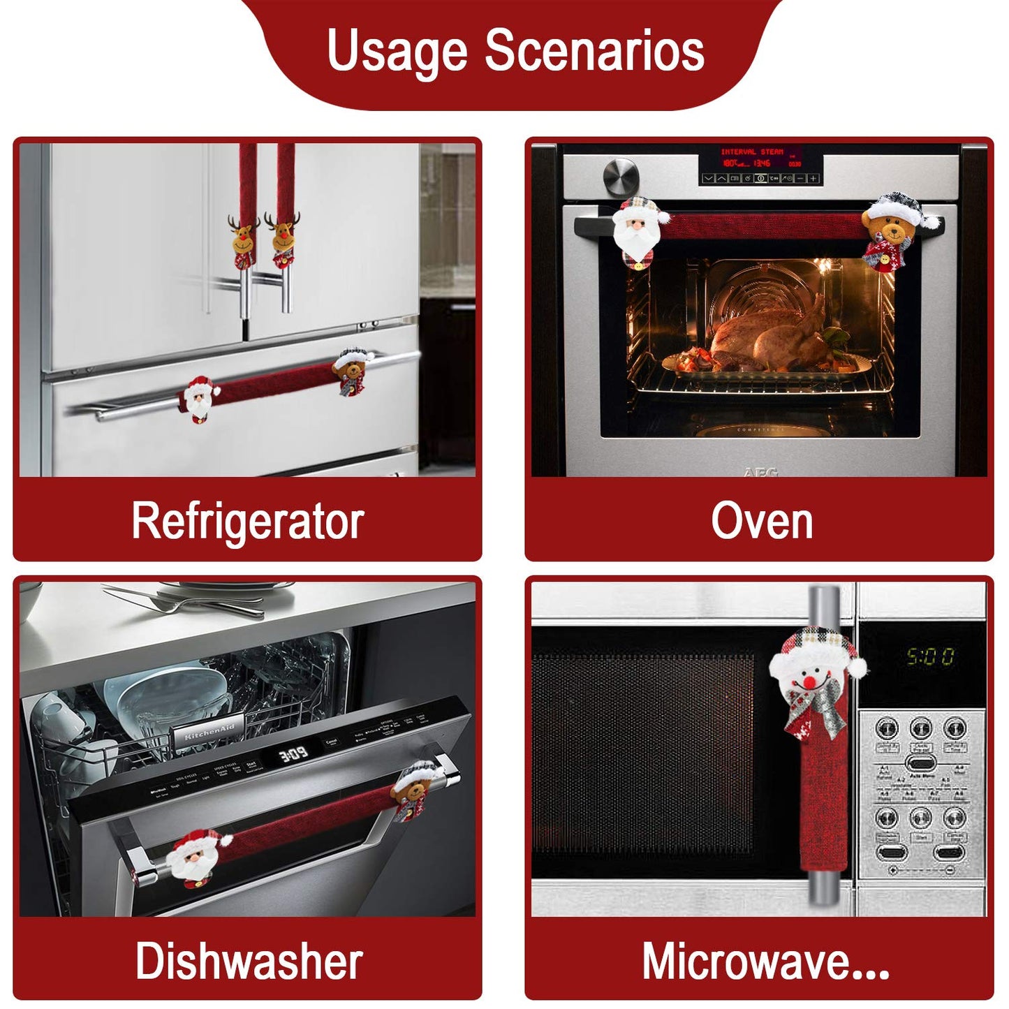 Mosoan Christmas Decorations Indoor 6 Pack Christmas Refrigerator Fridge Door Handle Covers, Santa Snowman Christmas Kitchen Decor Appliance Handle Cover Xmas Holiday Decor