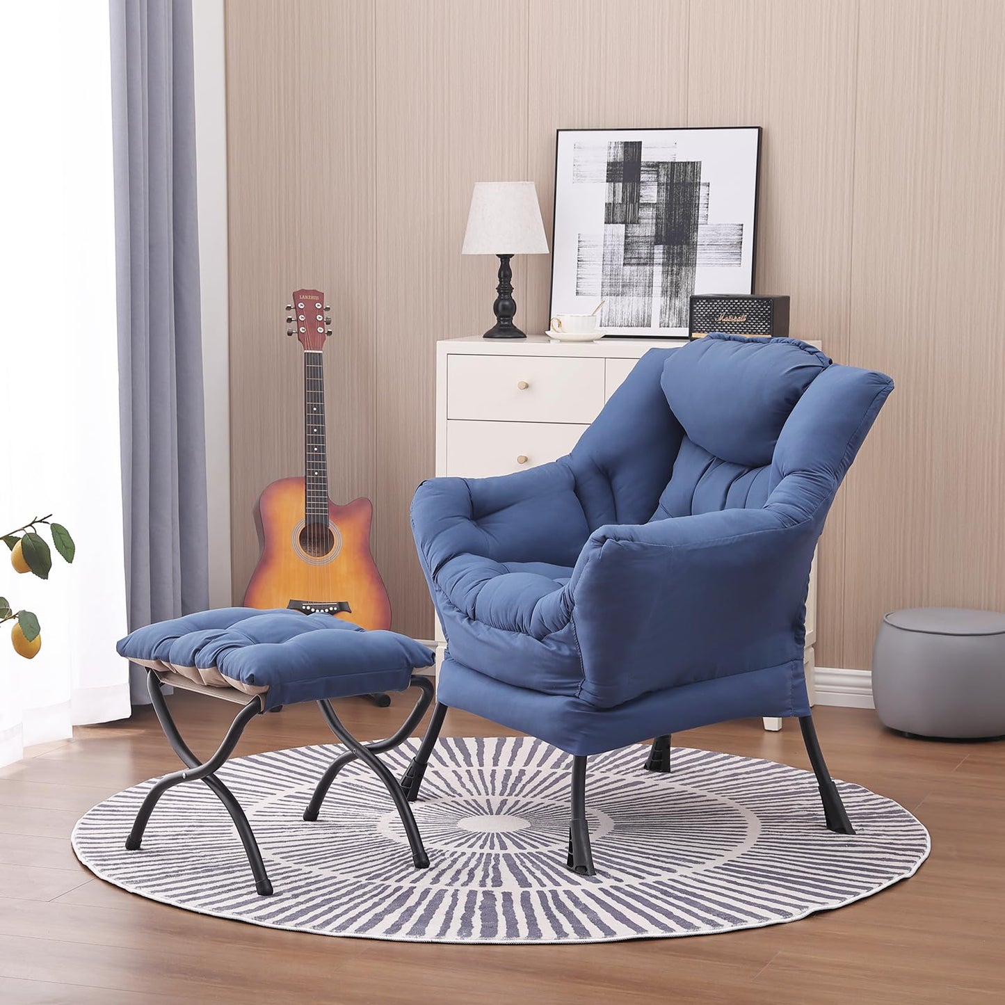 Givjoy Lazy Chair and Ottoman, Large Accent Lounge Chair with Armrests and a Side Pocket, Modern Leisure Upholstered Sofa Reading Armchair with Footrest for Bedroom, Living Room, Dorm Rooms, Office
