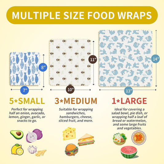 Beeswax Food Wrap 9-Pack (5S 3M 1L), Reusable Beeswax Wraps, Beeswax Wraps Reusable Sustainable Food Storage, Plastic-Free/Seal Bee Fish