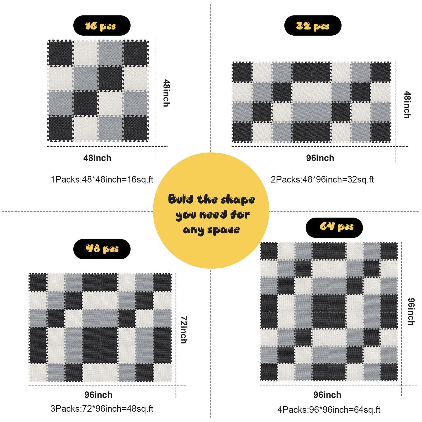 Shihanee Foam Floor Baby Tiles Foam Floor Mats Play Mats Bulk with Borders Interlocking for Kids Baby Playroom Nursery Gym (Black, White and Gray,64ft)