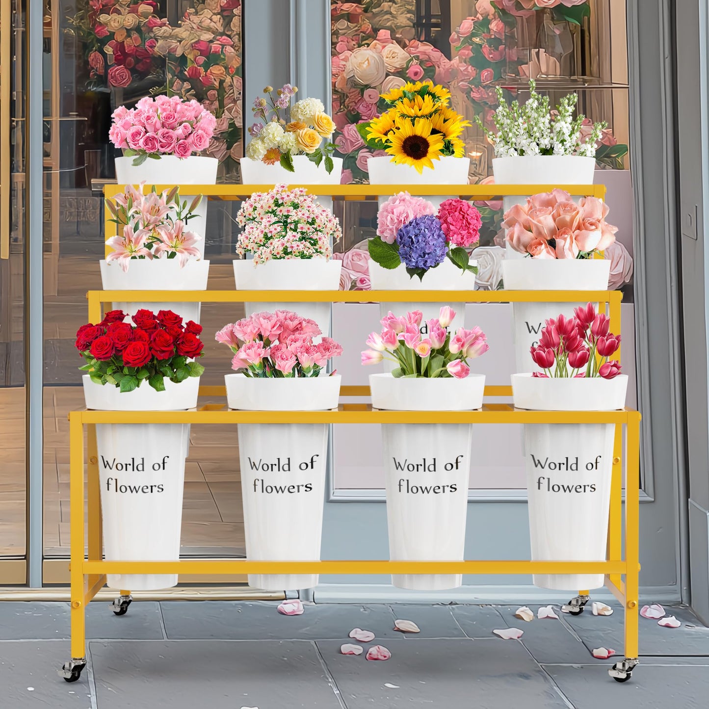 VGMiu Flower Display Stand with 12 Buckets, 3 Layers Flower Cart Gold Metal Flower Bar Stand with Wheels, Moving Florist Bouquet Shelf for Weddings Florist Indoor Outdoor Patio Garden Living Room