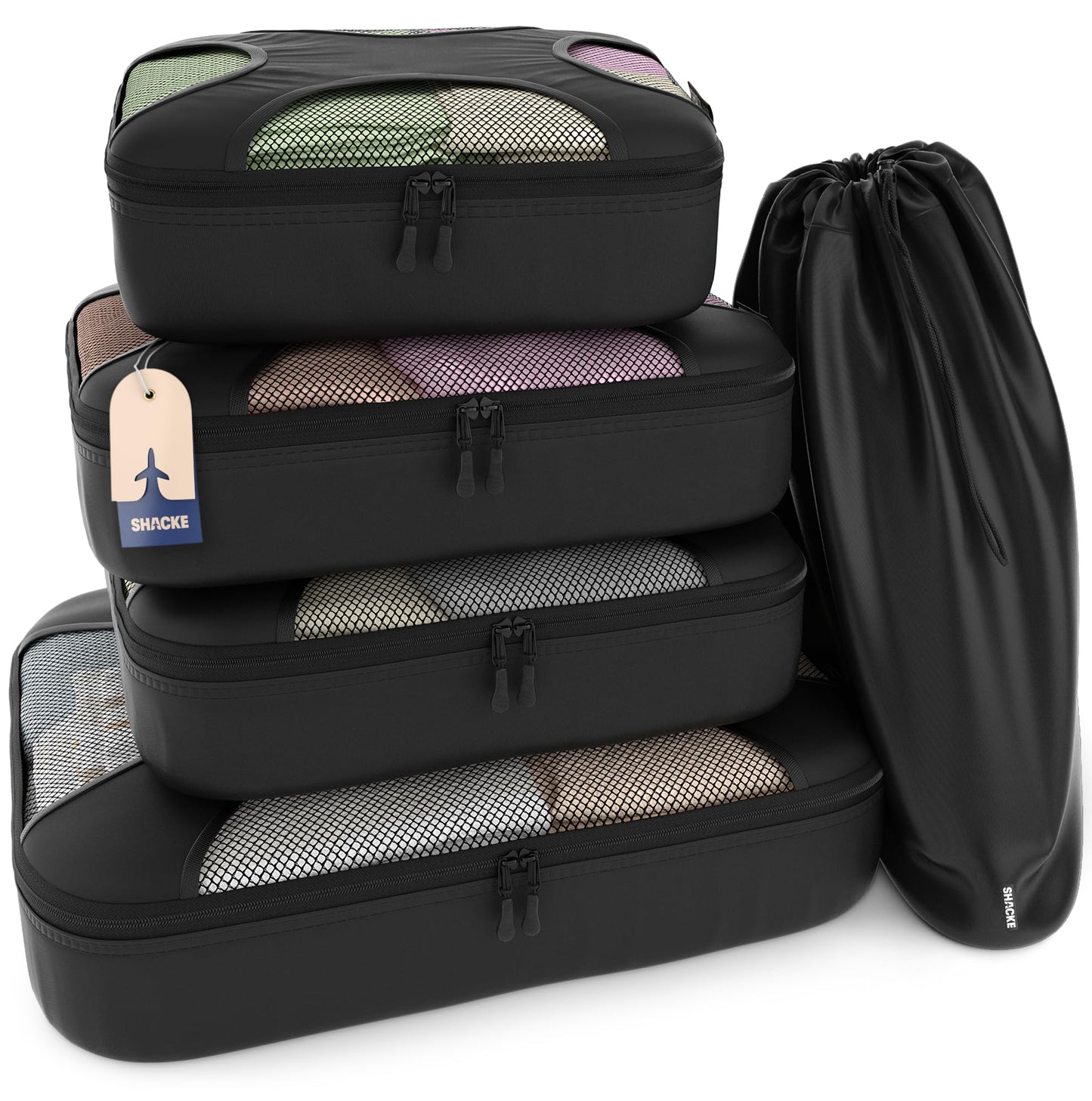 Shacke Premium 5 Packing Cubes Set - Lightweight Mesh Travel Luggage Organizers with Laundry Bag, 5-Piece Suitcase Storage System (Black)