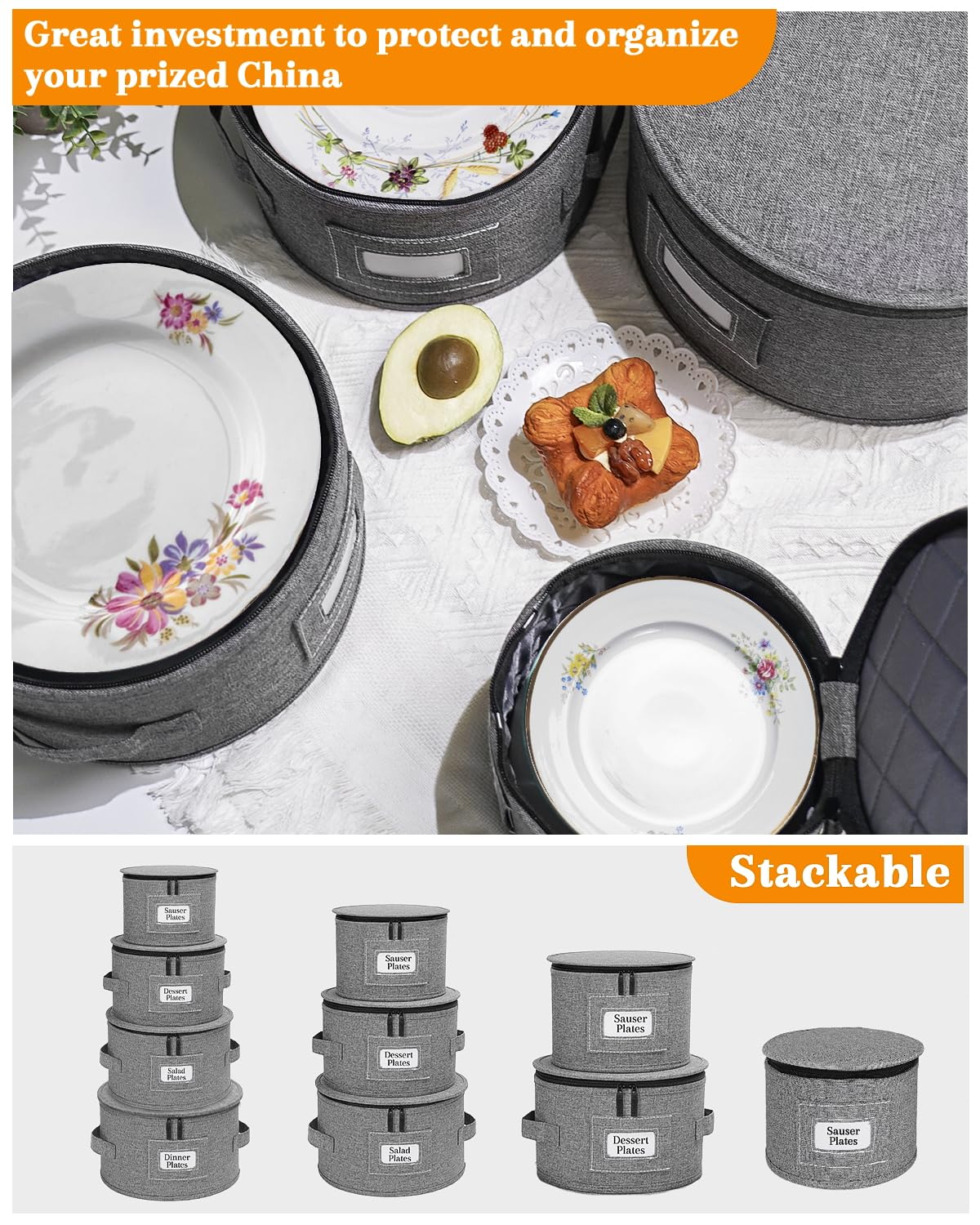 punemi China Storage Containers, Dish Storage with Rigid Top Side Bottom Support & Felt Dividers for Charger Plates Dinnerware, Perfect for Moving Supplies, 4PCS Stackable Fine China Storage, Gray