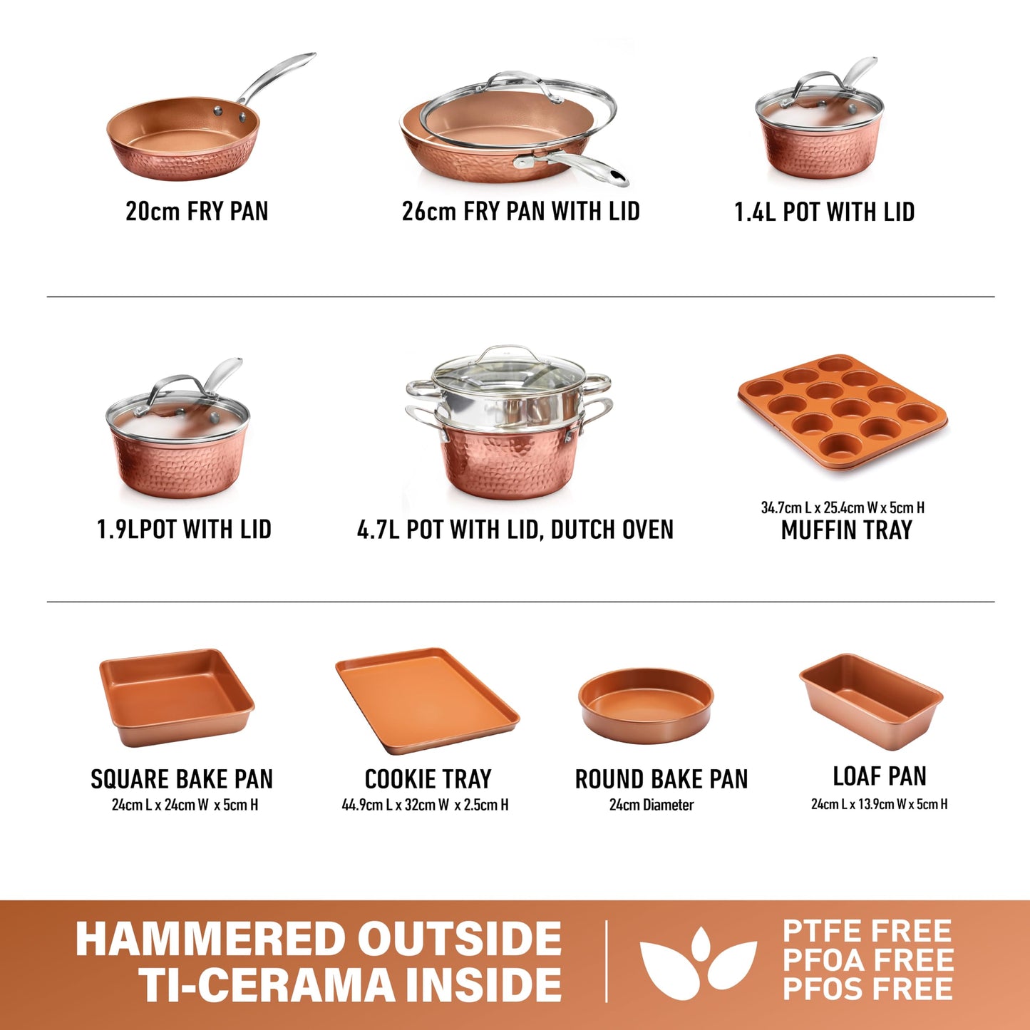 Gotham Steel Hammered 15 Pc Ceramic Cookware Set Nonstick, Deep Copper Pots and Pans Set Non Stick with Bakeware & Deep Fry Pan, Non Toxic PFOA PFOS Free, Induction Oven and Dishwasher Safe