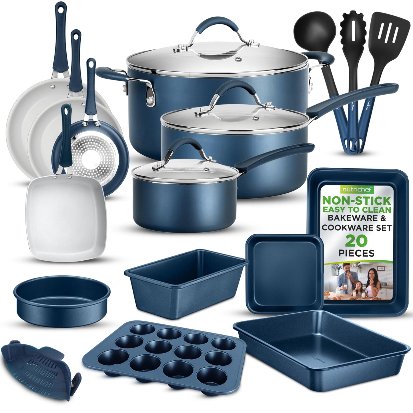 NutriChef Professional 20 Pc Kitchen Set in Navy Blue - Durable Non-Stick Pots and Pans with Bakeware, Compatible with Any Cooktop, Easy Clean