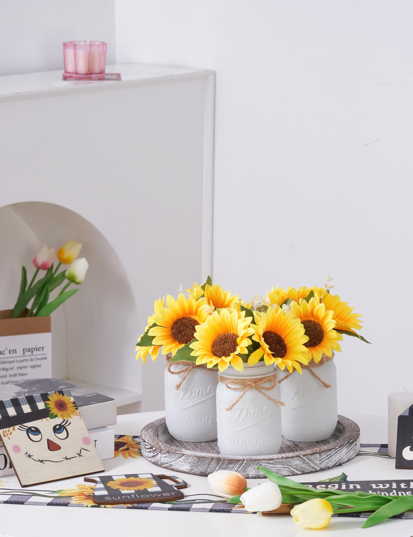 Mason Jar Sunflower Kitchen Decor, Spring Centerpieces for Tables with Sunflowers Artificial Flowers, Farmhouse Wood Tray, Sunflower Spring Bathroom Table Decor, Centerpiece Table Decorations for Home