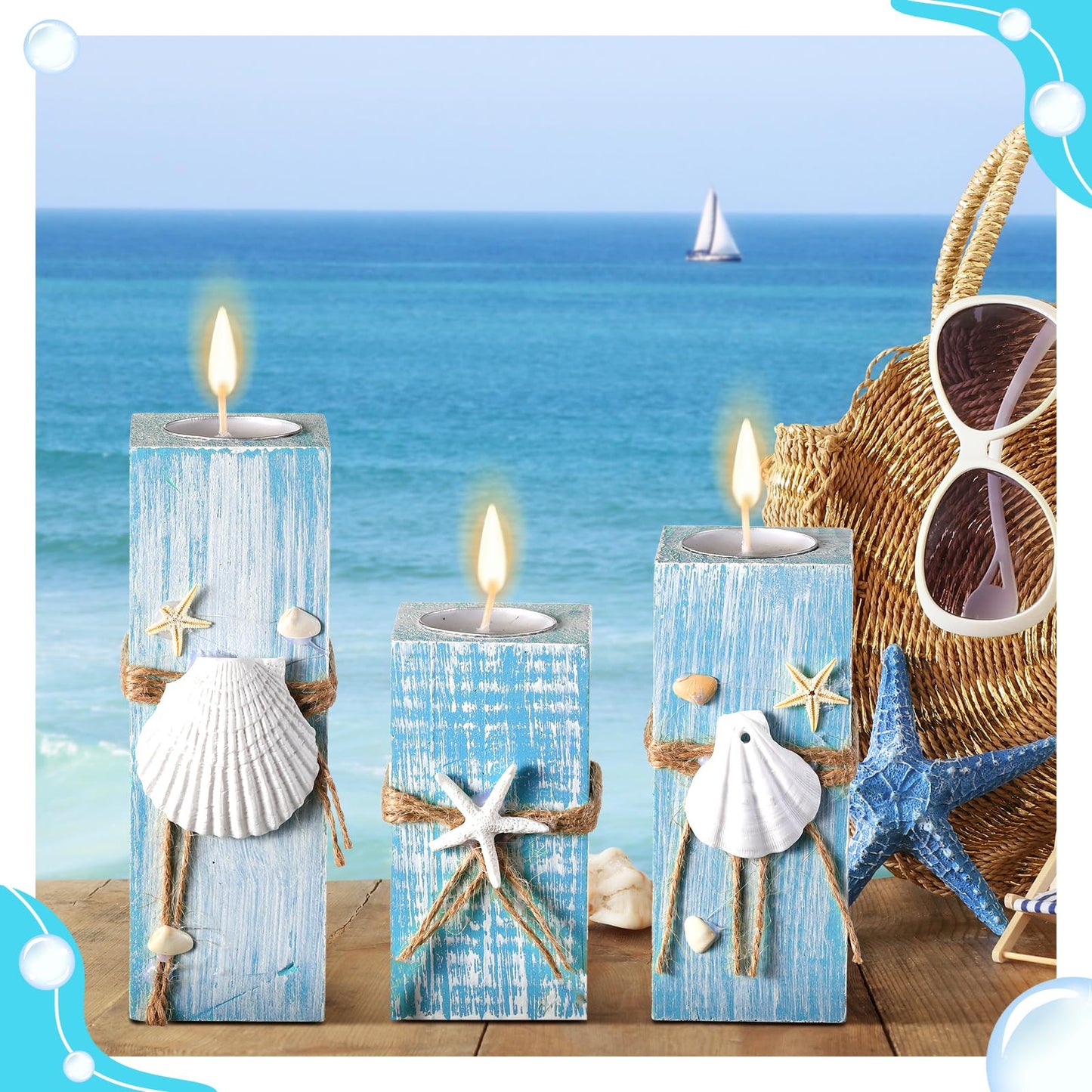 Suzile 3 Pcs Summer Ocean with Candles Tealight Candle Holders Decorations Wood Table Sign Starfish Scallop Tealight Marine Life Candlesticks for Table Centerpiece Tiered Tray Decor