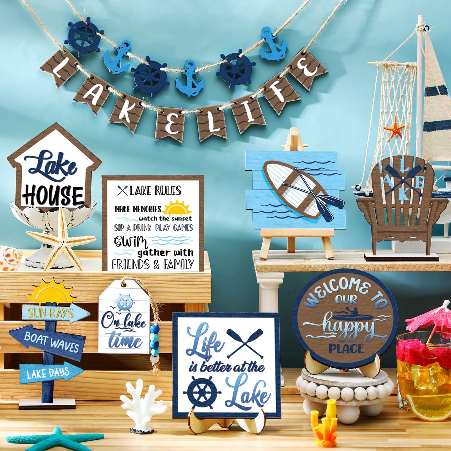 22 Pieces Summer Tiered Tray Decor Sets Farmhouse Hello Summer Wood Sign Rustic Beach Home Decor Summer Table Decorations Small Hawaiian Wooden Plaque for Shelf Kitchen Tabletop (Lake House Style)