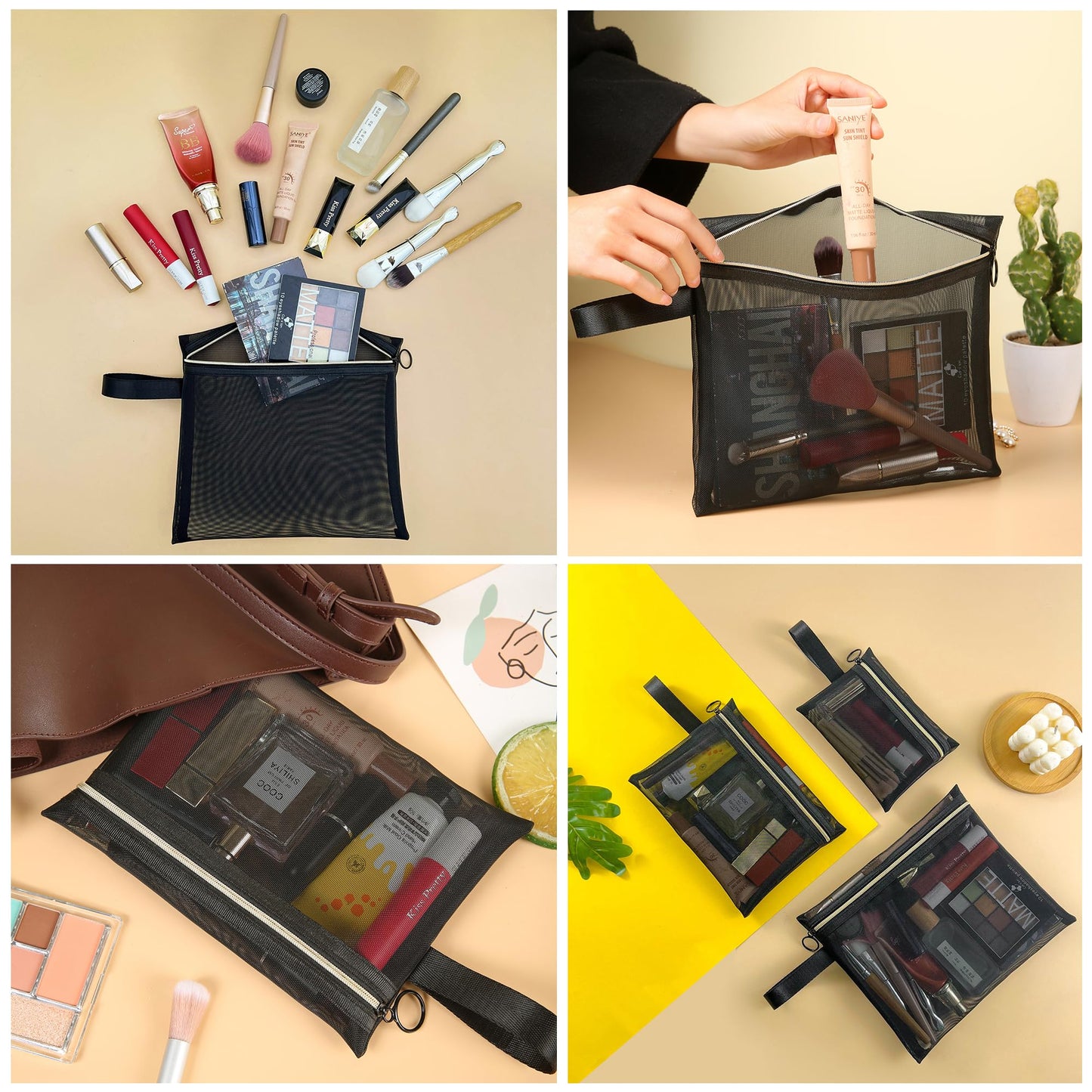 Mesh Cosmetic Bags with Zipper and Handle, Breathable Organization Pouch Pocket for Travel Purse Makeup Toiletry Office Home to Storage Items, 3pcs Black Assorted Sizes 9x8 8x6 6x4 inch