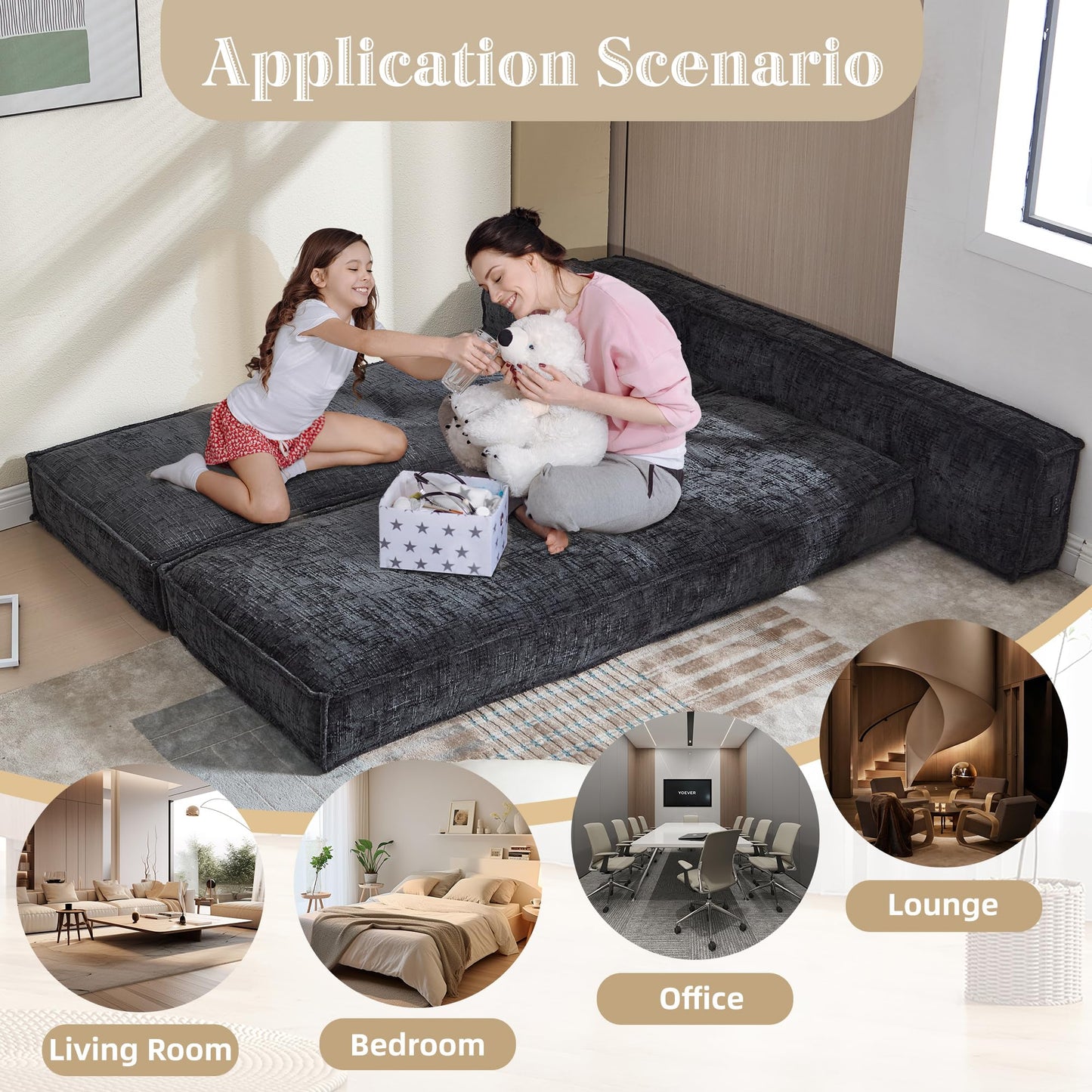 VYNELITO Modular Couch Convertible Sleeper Floor Sofa Bed, Chenille Folding Mattress Couch with Side Bag Storage, 4-in-1 Combined Lazy Sofa for Living Room Bedroom,Black