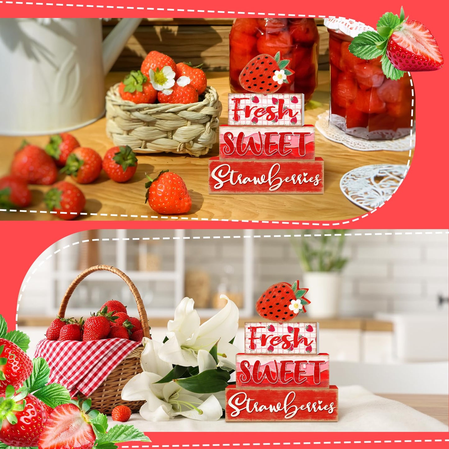 Britimes 4 Pcs Strawberry Decor Summer Wooden Tiered Tray Set, Strawberry Table Décor Farmhouse Rustic Wooden Coffee Table Centerpieces for Home kitchen Office Decorations (Strawberry Style)