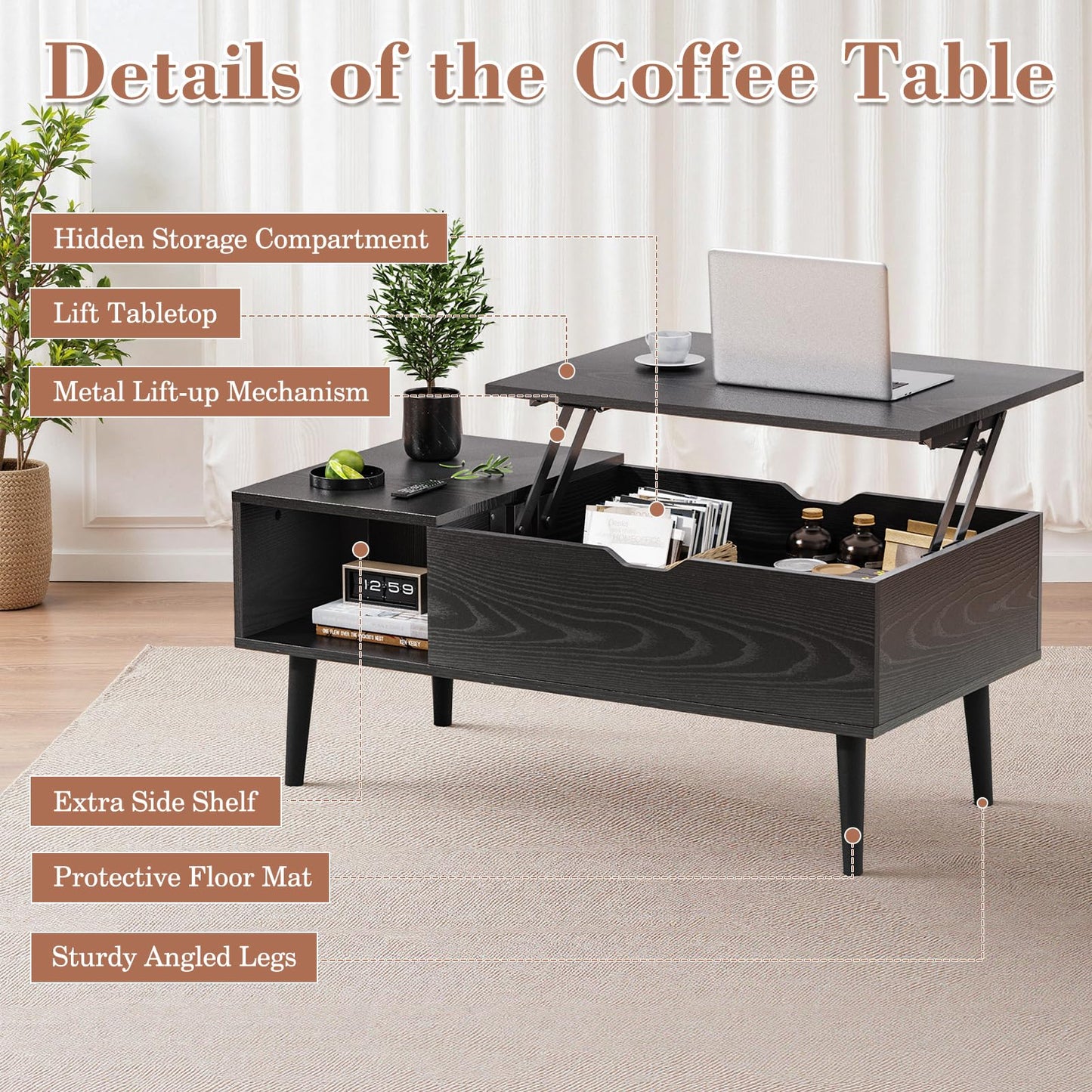 OLIXIS Wooden Coffee Table, Lift Top Coffee Table with Large Hidden Compartment and Ample Storage Shelf, Lift Tabletop Dining Table for Living Room, Home Small Space, Charcoal