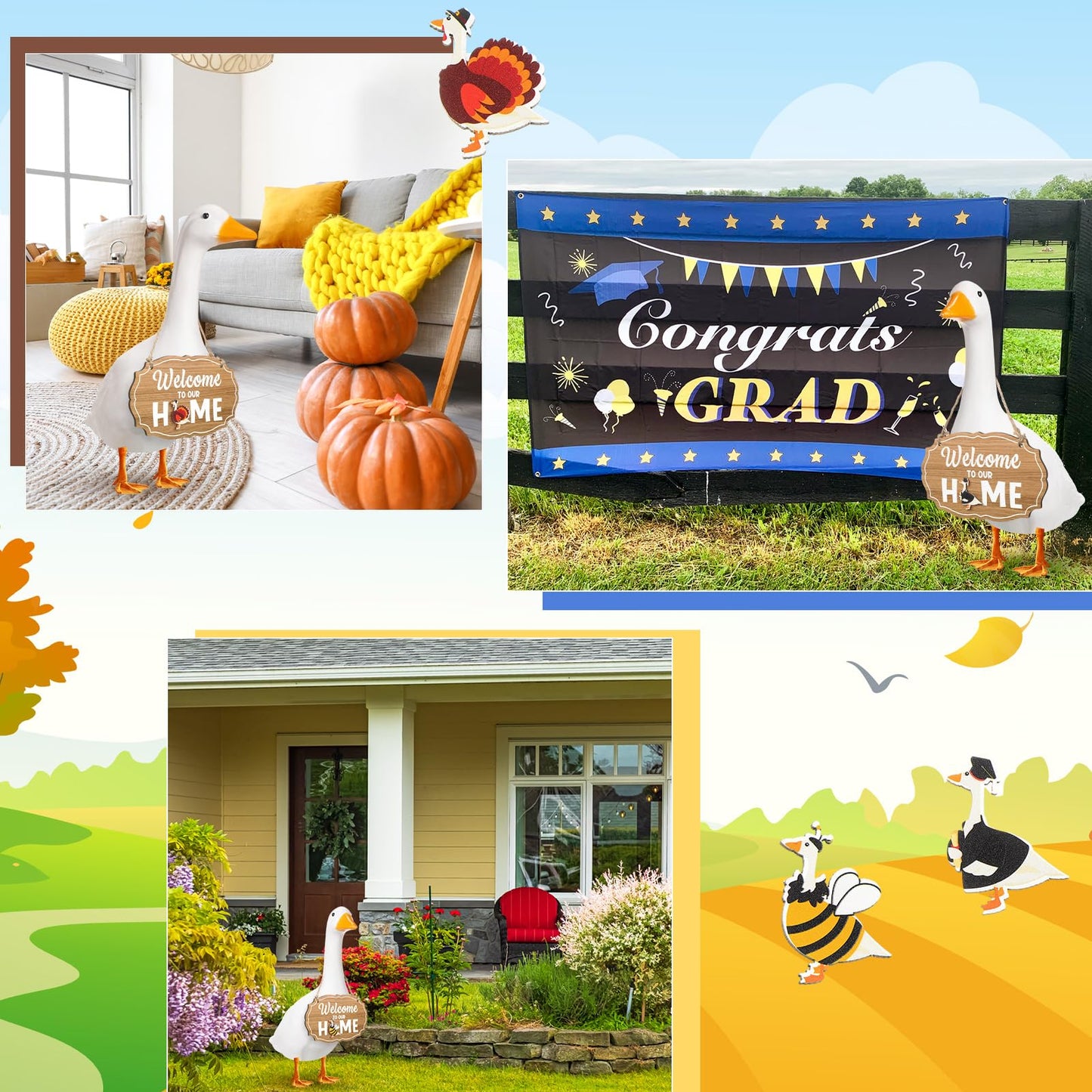 Memorywuu 16 Pcs Interchangeable Porch Goose Welcome Sign Seasonal Holiday Goose Sign with Wooden Holiday Geese Magnetic for 23"Cement Plastic Porch Geese Outdoor Statue Patio(Brown,Oval)