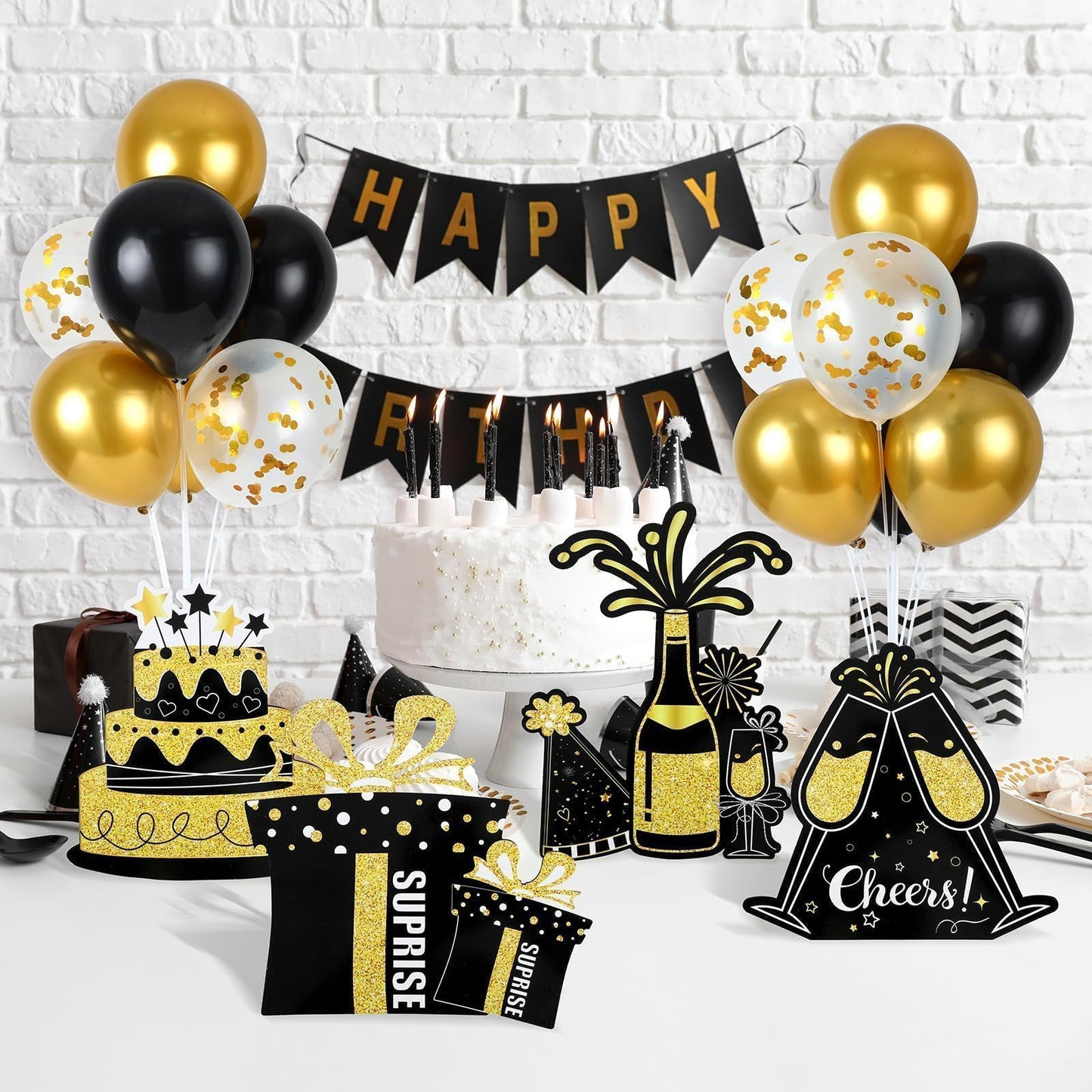 6 Sets Balloon Stand Kit for Table Happy Birthday Black Gold Balloon Centerpiece Decor Black and Gold Balloon Stand Kit for 40th 50th 60th 70th Birthday Party Decoration