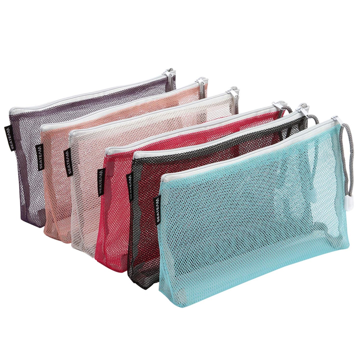 Sea Team 6pcs Multicolored Portable Travel Toiletry Pouch Nylon Mesh Cosmetic Makeup Organizer Bag with Zipper, Colorful