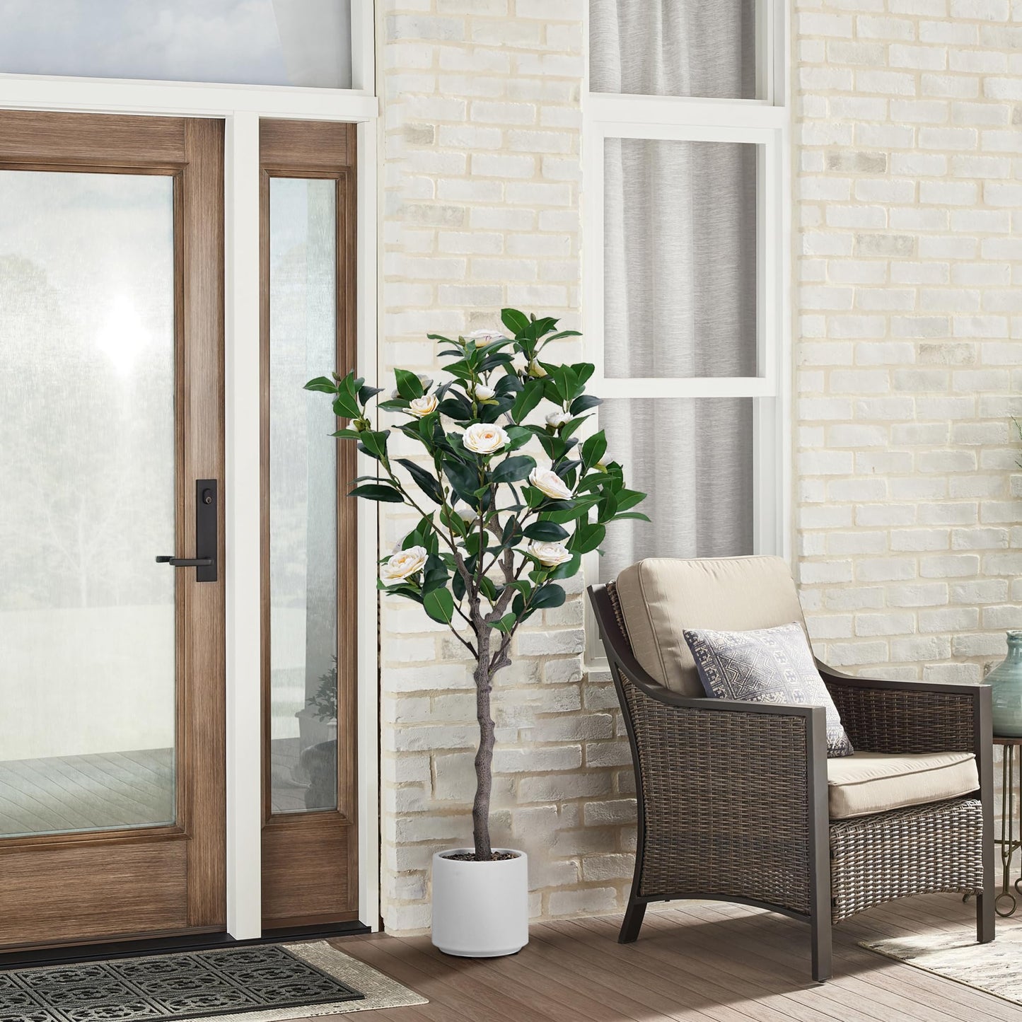 Jocoevol Artificial Camellia Tree 4ft, 2 Pack Indoor Fake Plant with Realistic Trunk, Leaves, Flowers and White Planter, Faux Potted Tree for Home Decor and Housewarming Gift