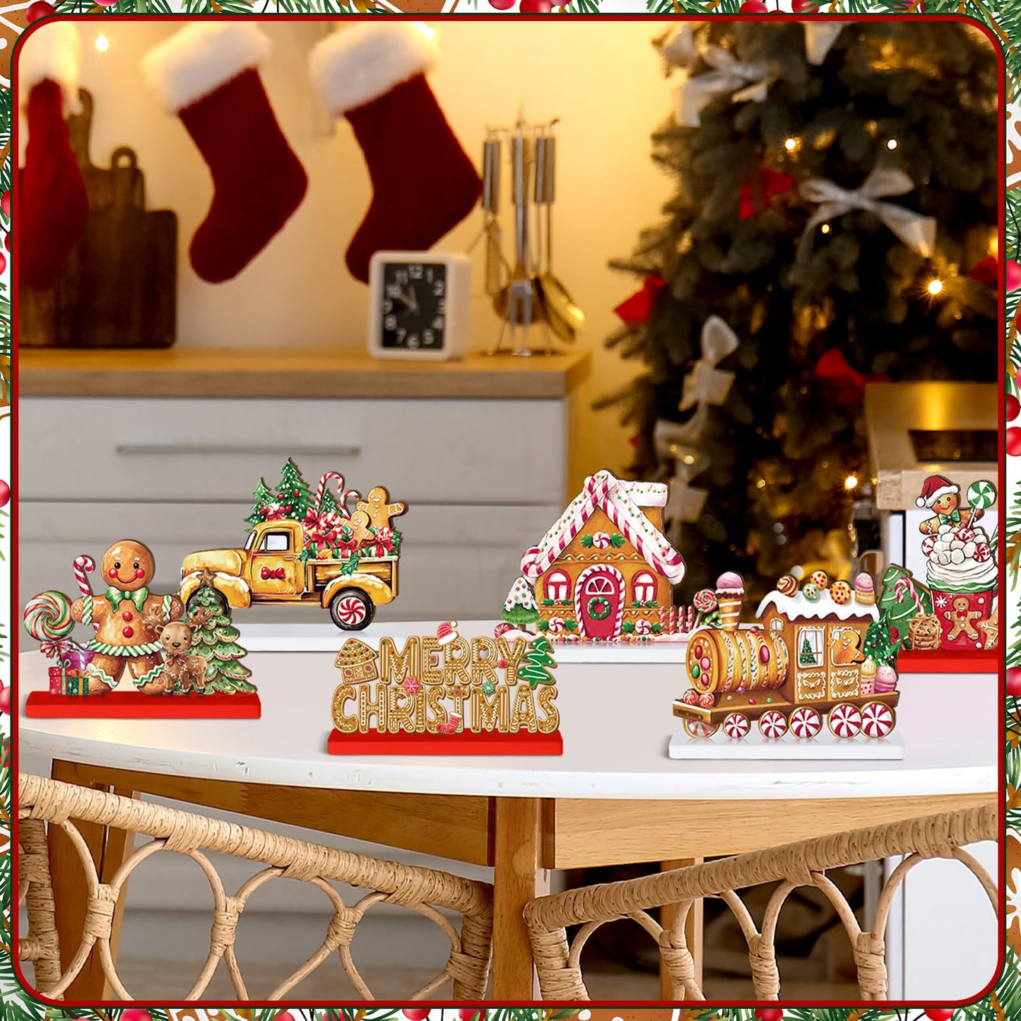 Wonderjune 6 Pcs Christmas Gingerbread Man Table Decoration Signs Wooden Christmas Tabletop Centerpieces Tiered Tray Decor Gingerbread House Truck Train Xmas Decorations for Holiday Party Supplies