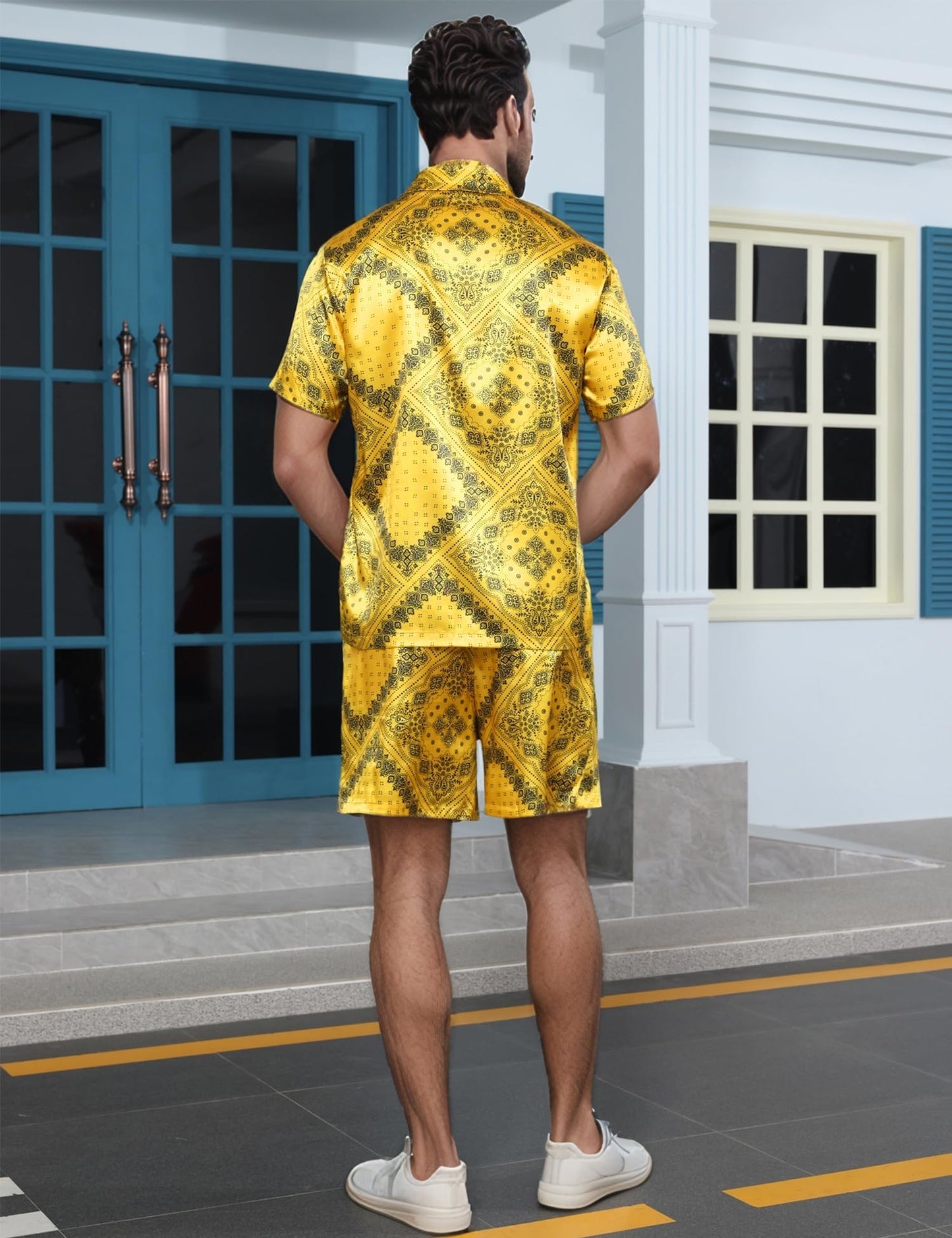 ZSJR Mens Hawaiian Shirt Sets Satin Silk Casual Button Down Shirts 2 Piece Luxury Summer Beach Outfits for Men