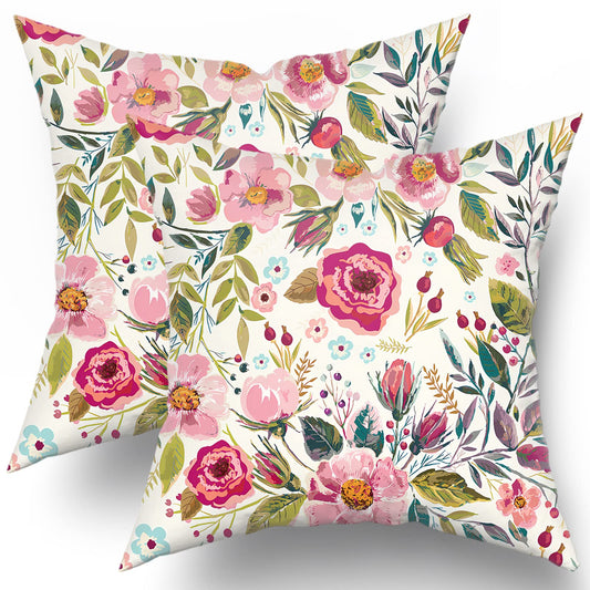 Spring Summer Flower Throw Pillow Covers 18X18 Inch Watercolor Peony Pillowcase Hot Pink Floral with Green Leaves Girly Decorative Square Cotton Cushion Cover Set of 2 for Home Garden Outdoor Bed
