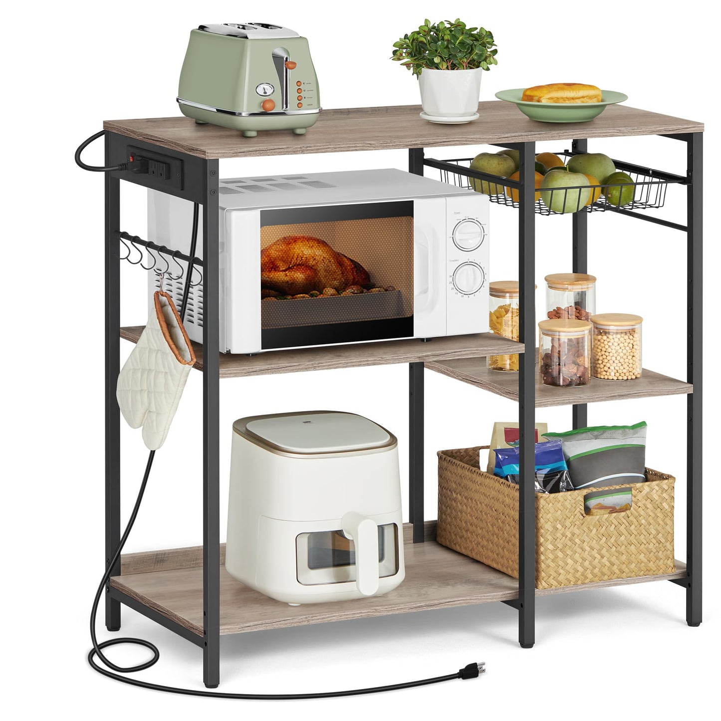 VASAGLE Baker's Rack, Coffee Bar Stand with Charging Station, Storage Shelves, Pull-Out Wire Basket, Table for Microwave, Kitchen, Greige UKKS036K02, 15.7 x 35.4 x 35.6 Inches