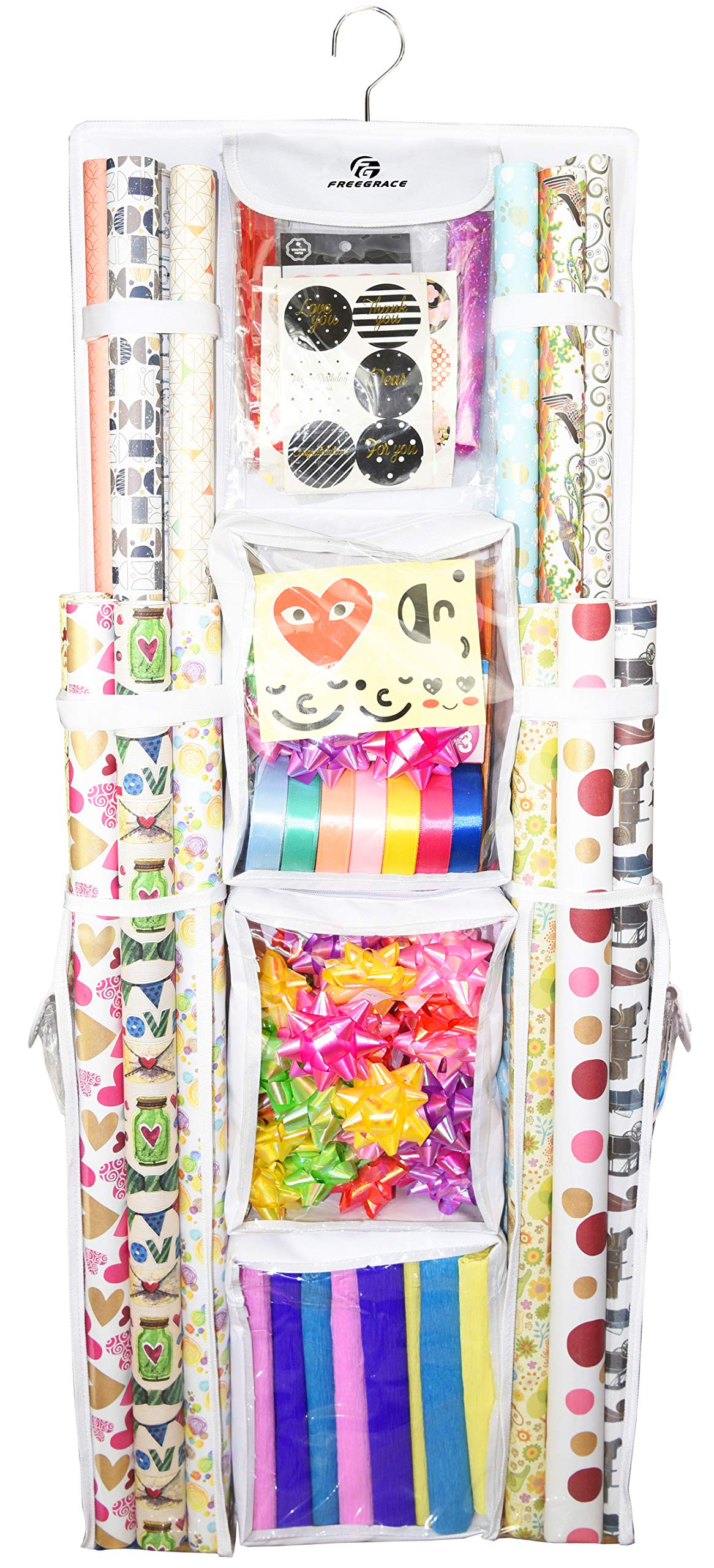 Double Sided Hanging Gift Wrap Organizer | Large 16" x 41" Wrapping Paper Rolls Storage Bag | Tearproof & Space Saving Closet Gift Bag Organization Solution | Sturdy Zippers & Robust Adhesive Strip