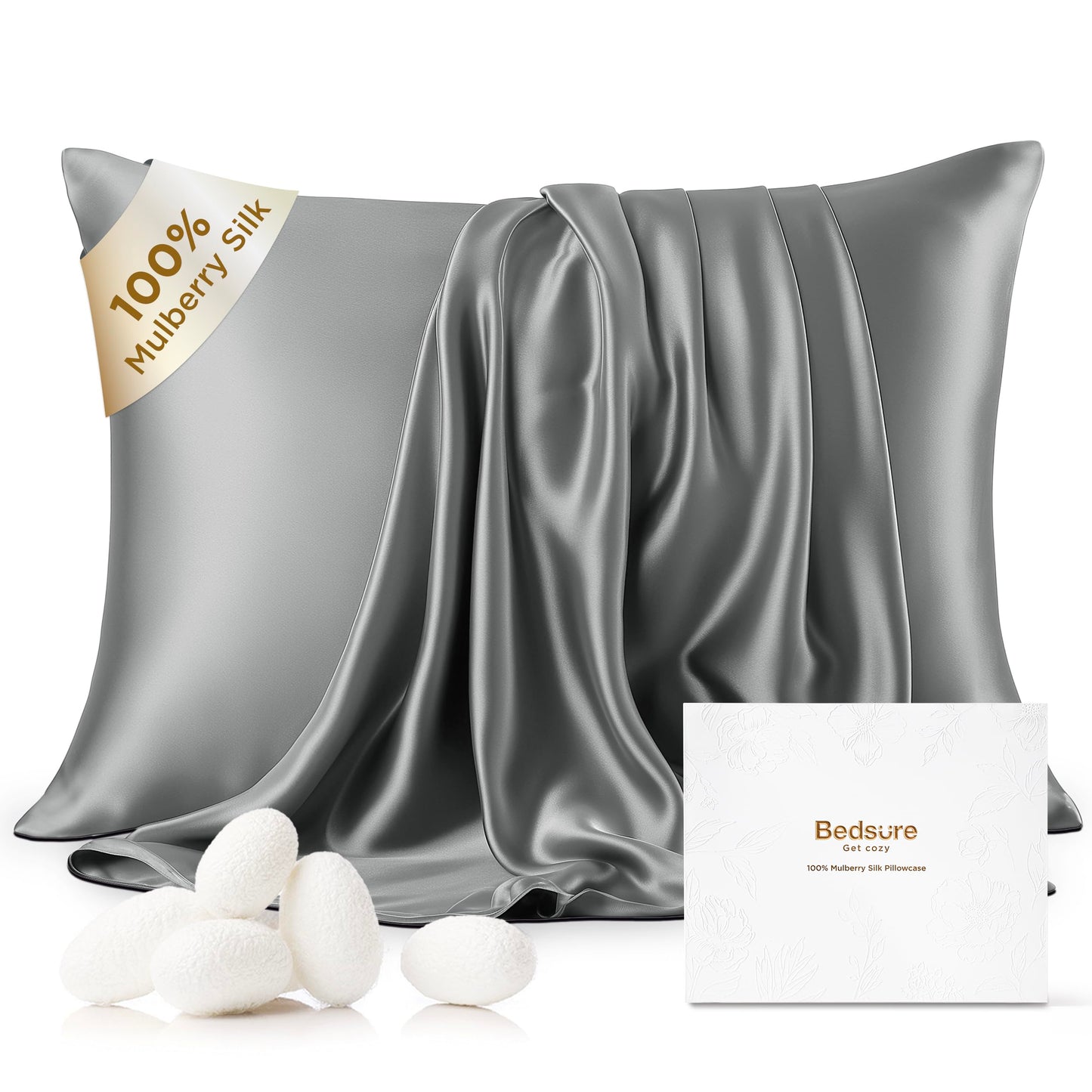 Bedsure 100% Pure Mulberry Silk Pillowcase for Hair and Skin, White Silk Pillow Case with Hidden Zipper, Cooling Pillow Cases Gifts for Women Men,1pc,Queen Size,20x30 Inches