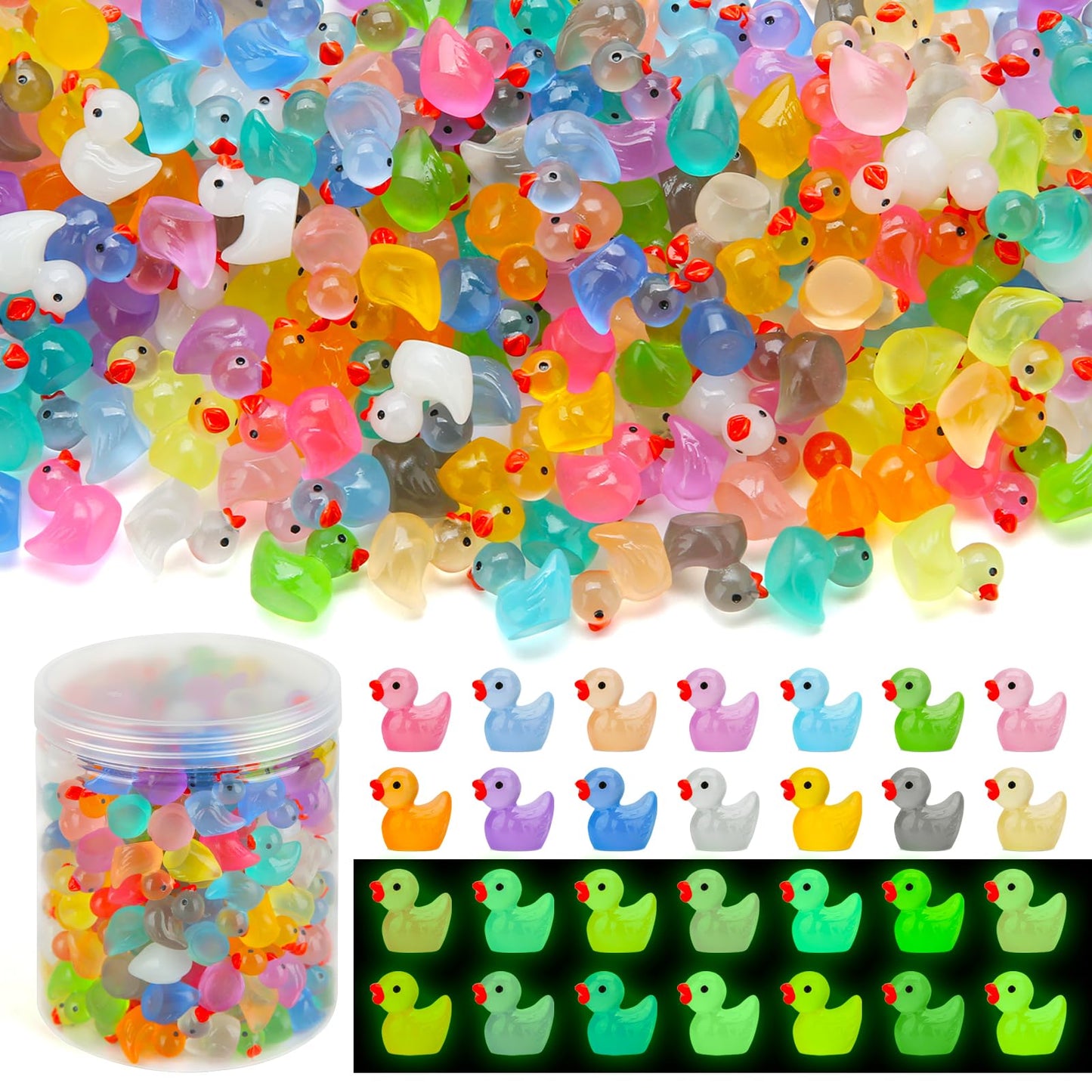 GWAHSA 240pcs Luminous Mini Resin Ducks, Tiny Duck Bulk Glow in The Dark Small Plastic Miniature Ducks Figures for Dollhouse Decor Micro Garden Home Landscape Aquarium Craft Gifts Party Favors Toys