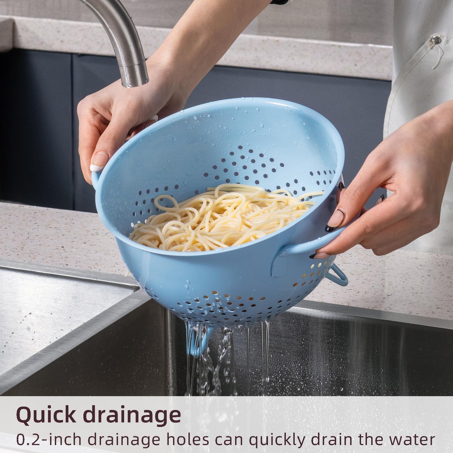 Metal Colander 5 Quart Powder Coated Self-draining Metal Strainer with Base,Kitchen Pasta Fruit Vegetable Basket with Double Handles,blue