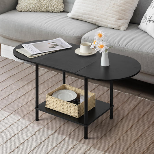 Coffee Tables for Living Room,2-Tier Small Coffee Table Industrial Modern Black Coffee Table with Storage Shelf and Wood Tabletop for Small Space,Home Office