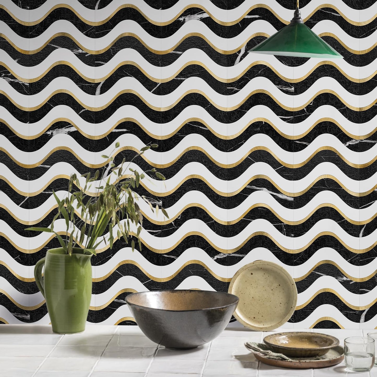 Vamos Tile 10-Sheet Peel and Stick Backsplash Seamless Tile,Stick on Backsplash for Kitchen and Bathroom, Black Marble Look+ Pure White PVC Mixed Metal Gold Self Adhesive Wall Tiles