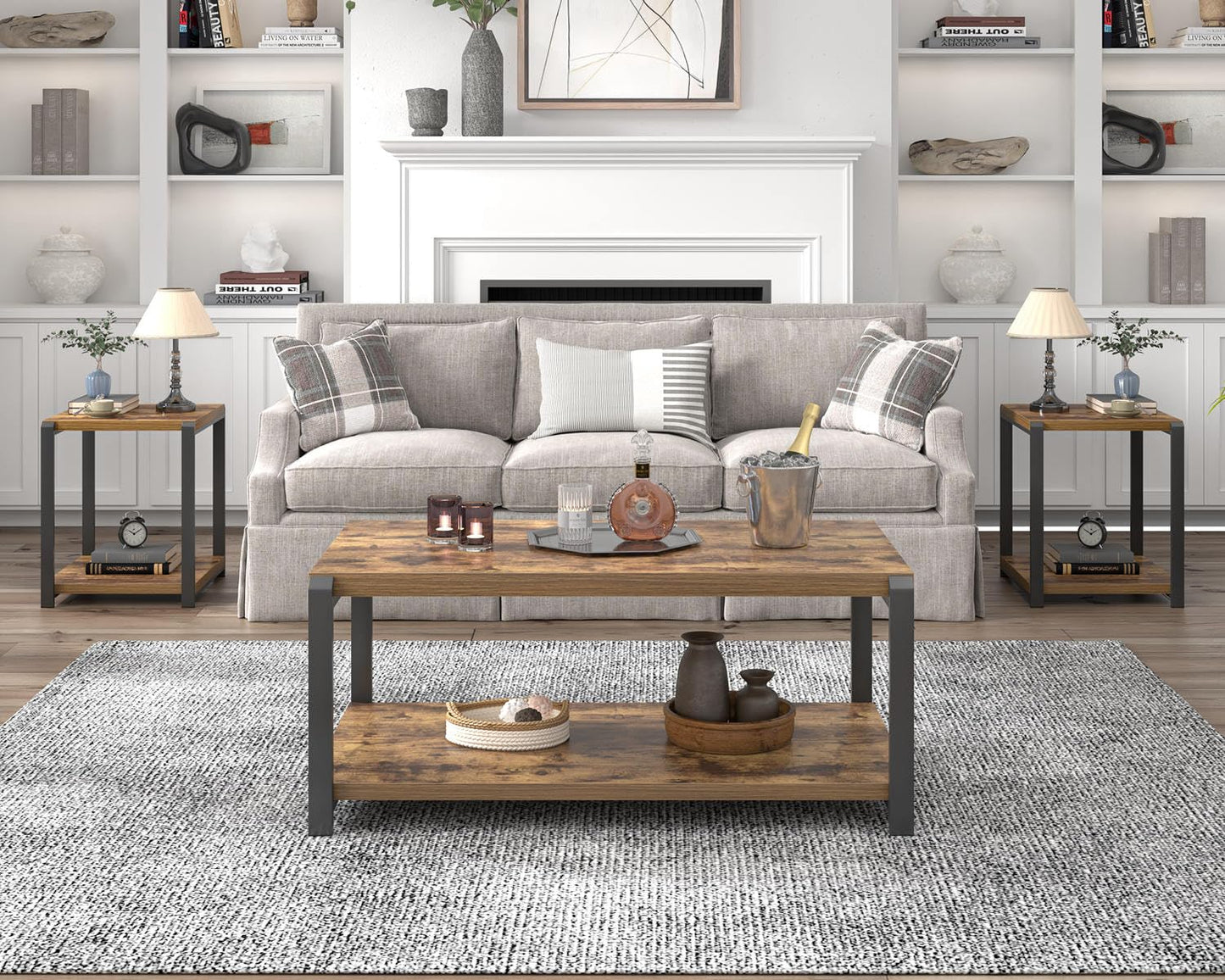 EXCEFUR Modern Coffee Table, Industrial Wood and Metal Center Table, Cocktail Tea Tables for Living Room, Rustic Brown