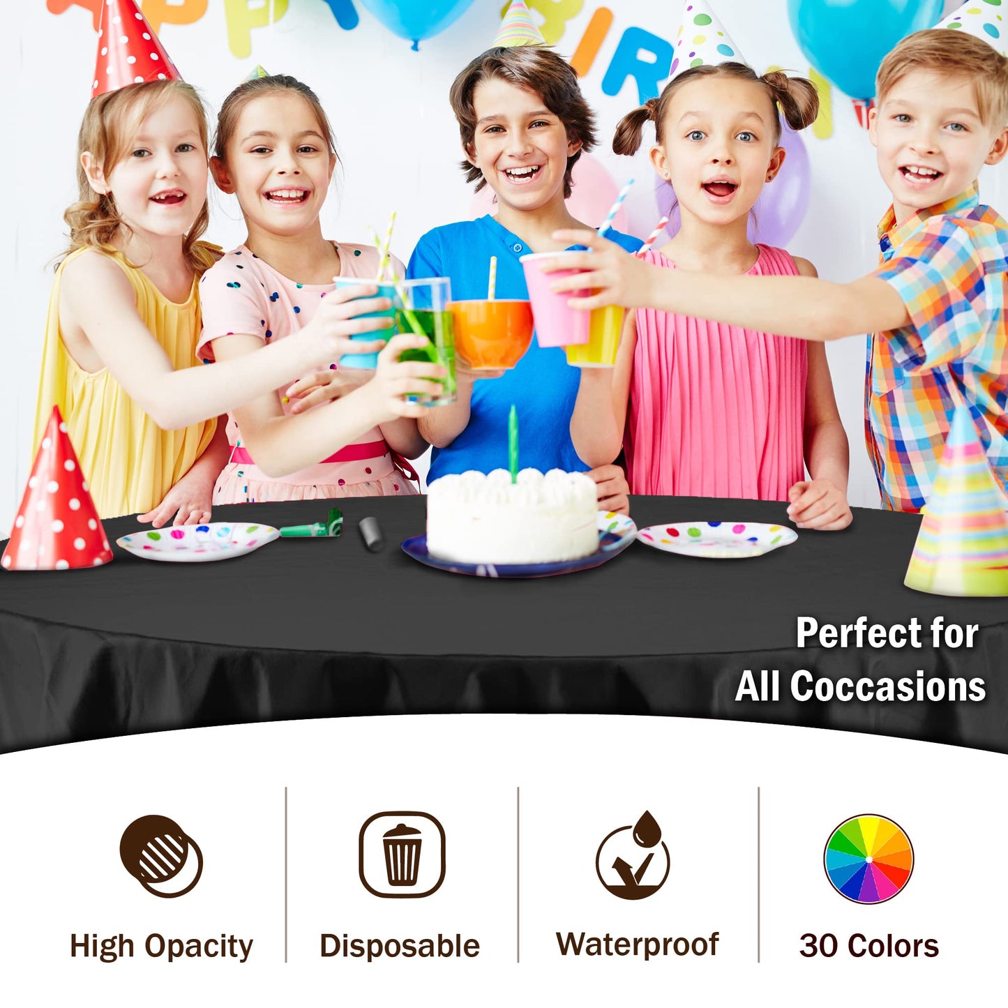 Exquisite Party Solids 12-Pack Premium Plastic Tablecloth 84in. Round Table Cover - Black