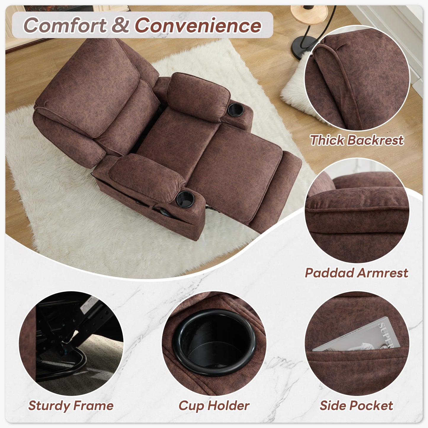 YOCONYO Massage Recliner Chair, Swivel Rocker Recliner with Heat and Vibration, 360 Swivel Manual Single Reclining Sofa with Cup Holder for Adults (Brown)