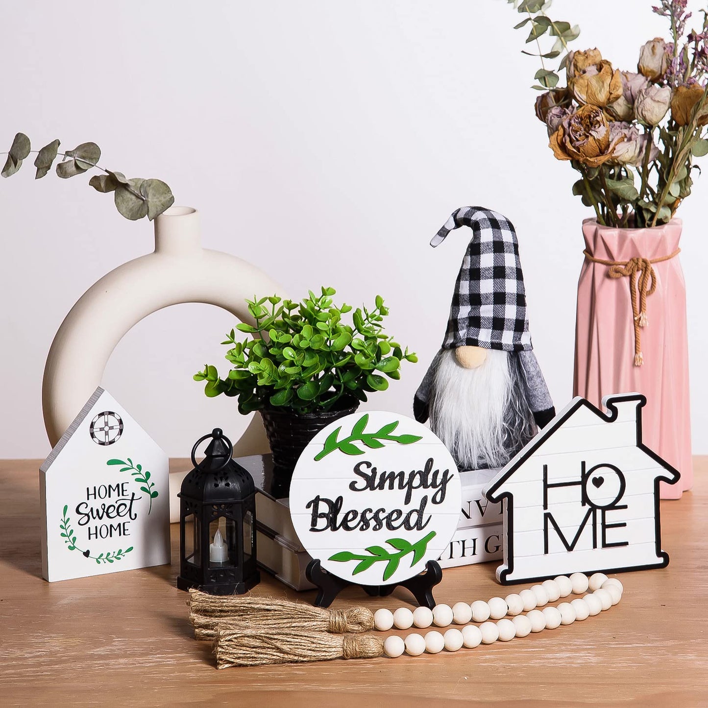 10 Pcs Farmhouse Tiered Tray Decor Rustic Wooden Home Decor Wood Bead Garland Sweet Wooden Sign with Artificial Succulents Plants Mini Candle Lantern for Farmhouse Home Kitchen(Tray Not Included)