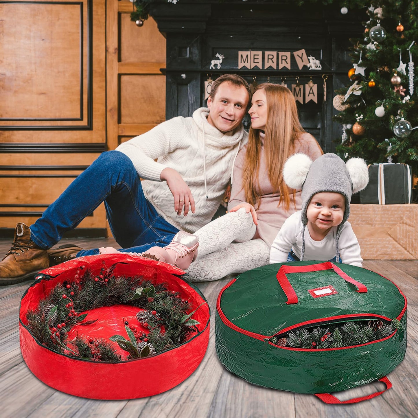 Christmas Wreath Storage Bag 24 Inch - 2 Pack Christmas Wreath Garland Storage Container with Dual Zipper & Handles, Wreath Storage Organizer Box Protect Xmas Ornaments Party Decorations