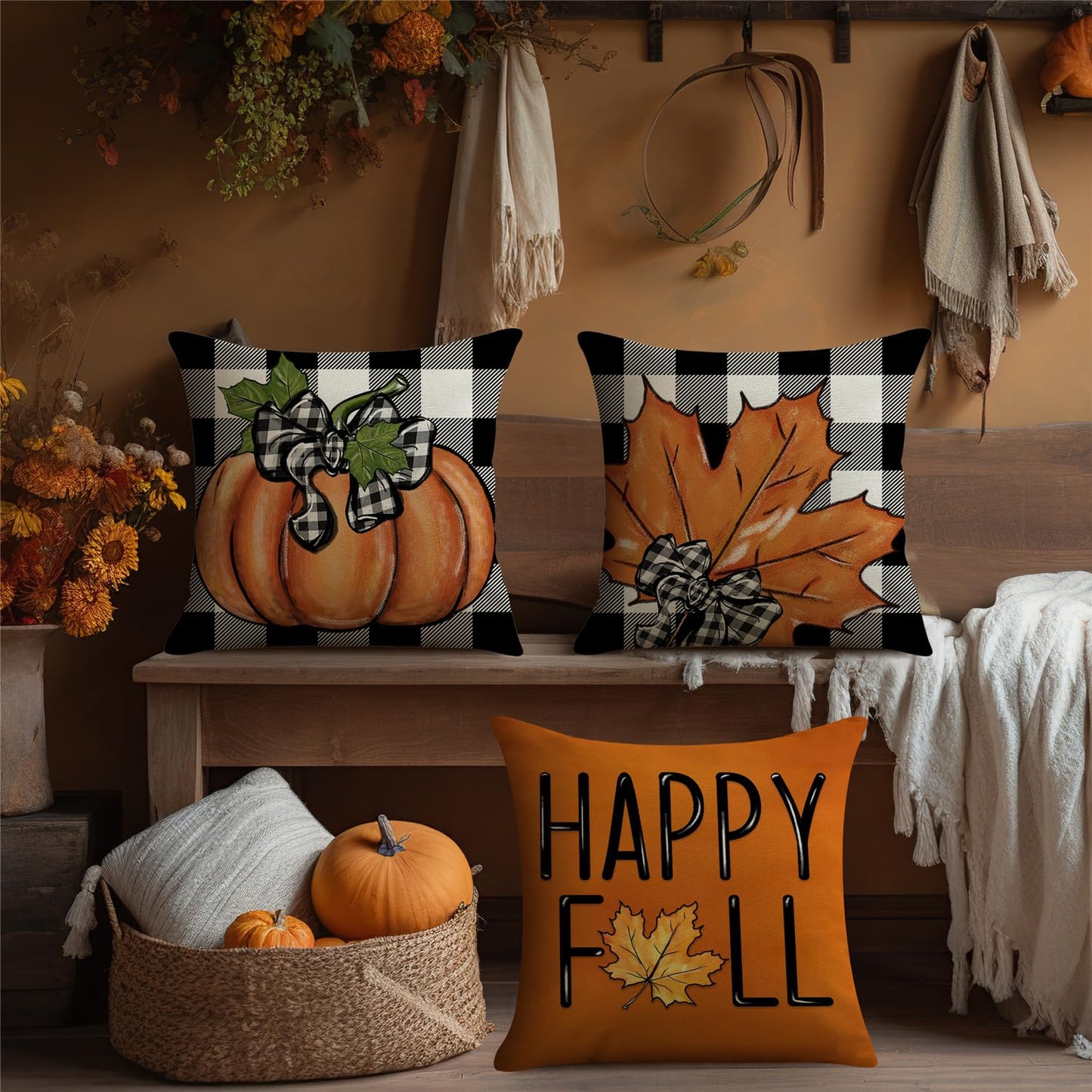 MODOVOS Fall Maple Leaf Pumpkin Throw Pillow Covers Thanksgiving Farmhouse Decorations Buffalo Plaid Outdoor Fall Decor Pillow Covers 18x18 Set of 4 Harvest Autumn Cushion Case for Sofa Couch