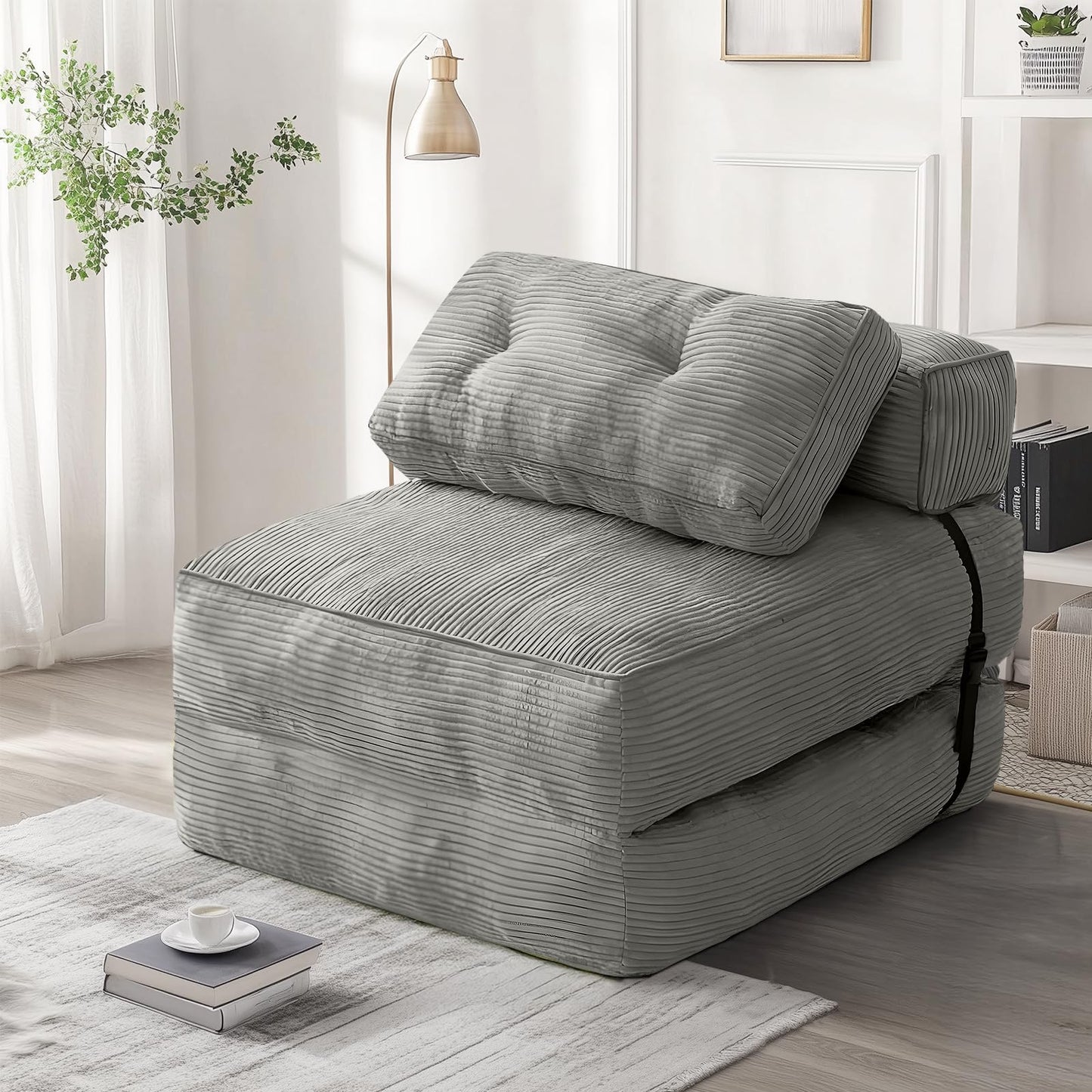 tantohom Folding Sofa Bed, Convertible Sleeper Chair with Pillow Foldable Mattress with Back Support,Space-Saving Sofa for Living Room,Bedroom (Gray)