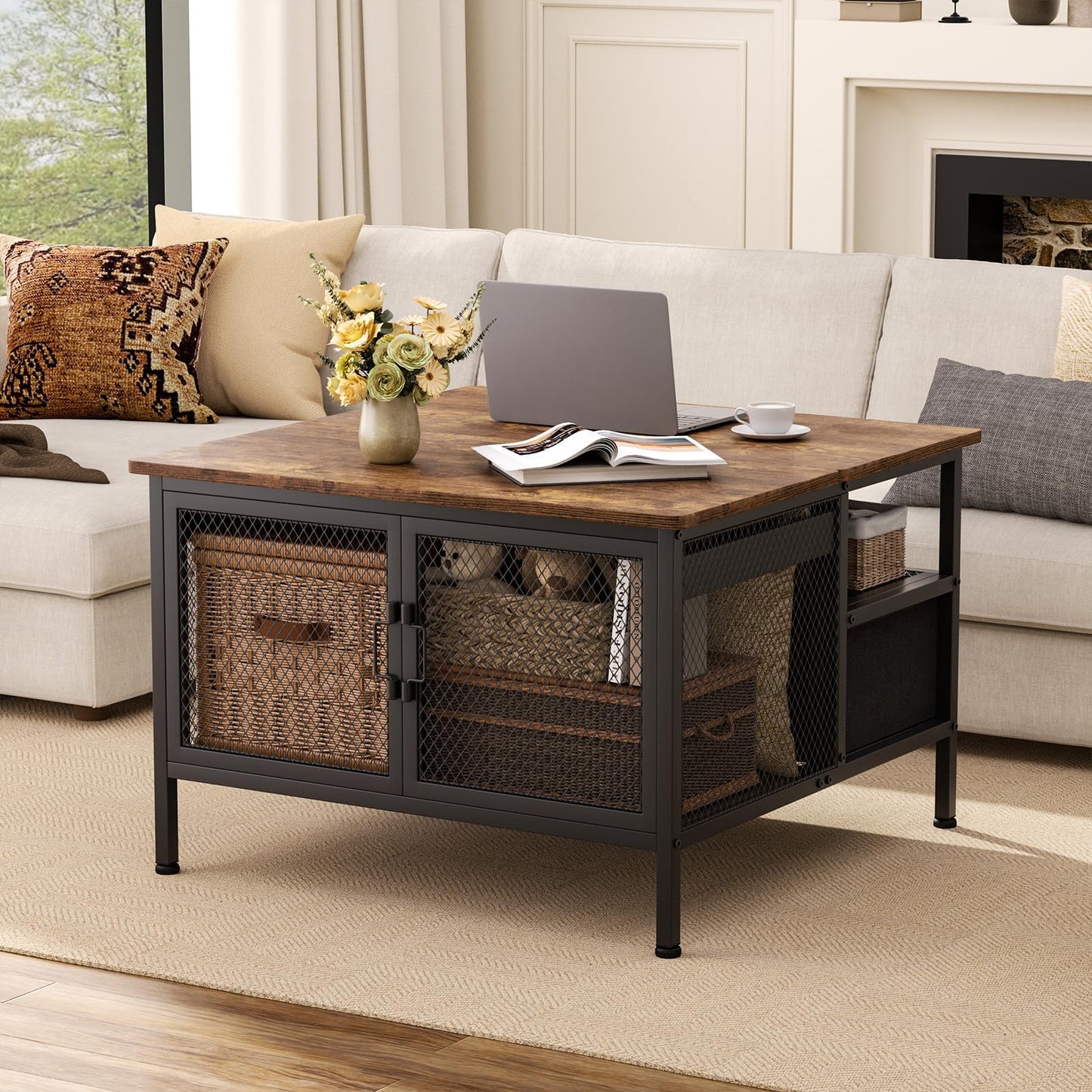 FABATO Lift Top Coffee Table, Square Coffee Table Metal Wood, Farmhouse Lift Up Coffee Tables Cocktail Table with Wire Mesh Barn Door and Storage, Steel Frame, Small Tea Table for Living Room, Black