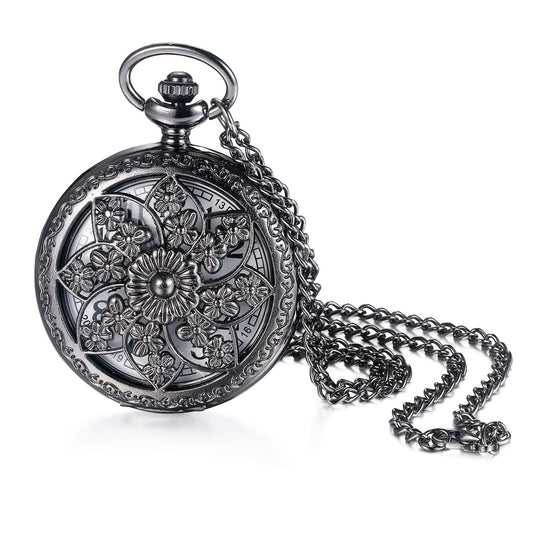 JewelryWe Retro Bronze Flower Openwork Cover Quartz Pocket Watch with 32.3 Inch Chain