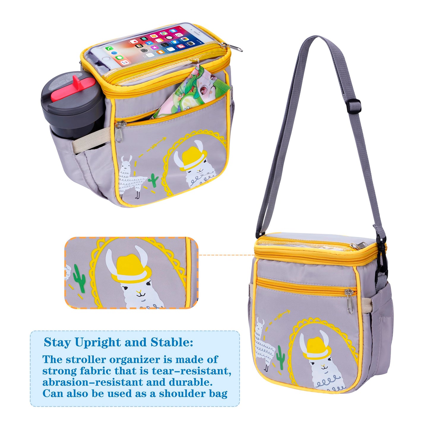 SZDUDU Baby Stroller Organizer Bag，Small Diaper Bag - Universal Stroller Organizer With Insulated Cup Holder,Pocket With Baby Wipes Dispenser，Adjustable Shoulder Strap(Grey)