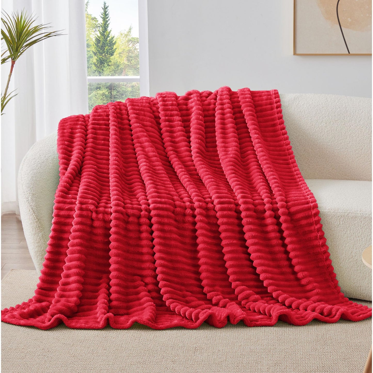 BEDELITE Fleece Throw Blanket for Couch, 300GSM Soft & Warm Fluffy Queen Blanket, Decorative and Giftable Striped Red Blankets for Women, Men, 50"x60"